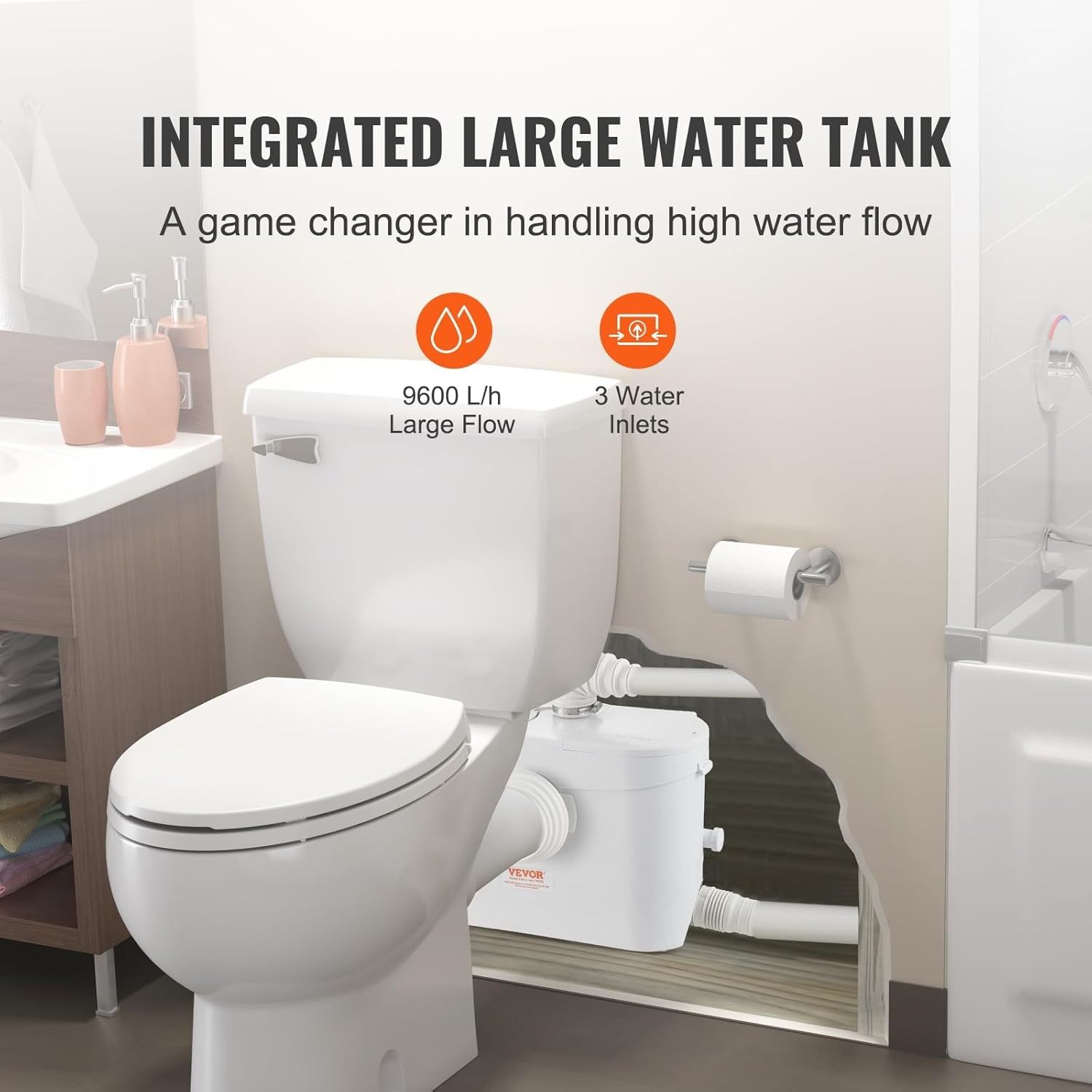 VEVOR Hefsysteem, 700 W, 9600 l/h debiet, 10 m pomphoogte, hakmolen-afvalwaterpomp met 3 waterinlaten voor toilet, kelder, keuken, wastafel, badkuip, afvalwaterafvoer, spoelmachine