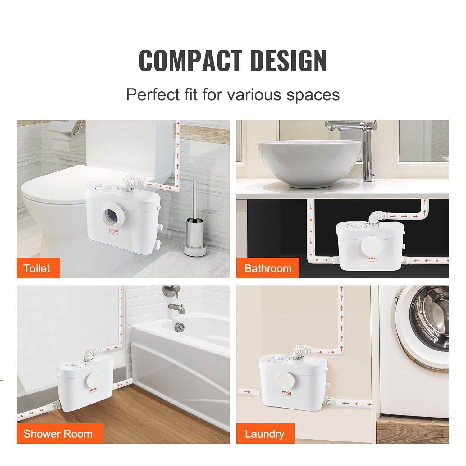 VEVOR Hefsysteem, 700 W, 9600 l/h debiet, 10 m pomphoogte, hakmolen-afvalwaterpomp met 3 waterinlaten voor toilet, kelder, keuken, wastafel, badkuip, afvalwaterafvoer, spoelmachine