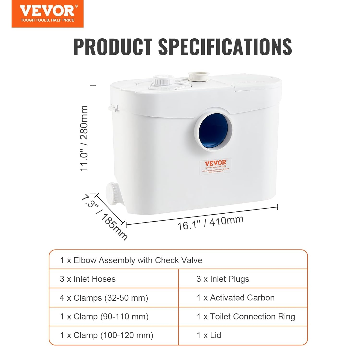 VEVOR Hefsysteem, 700 W, 9600 l/h debiet, 10 m pomphoogte, hakmolen-afvalwaterpomp met 3 waterinlaten voor toilet, kelder, keuken, wastafel, badkuip, afvalwaterafvoer, spoelmachine