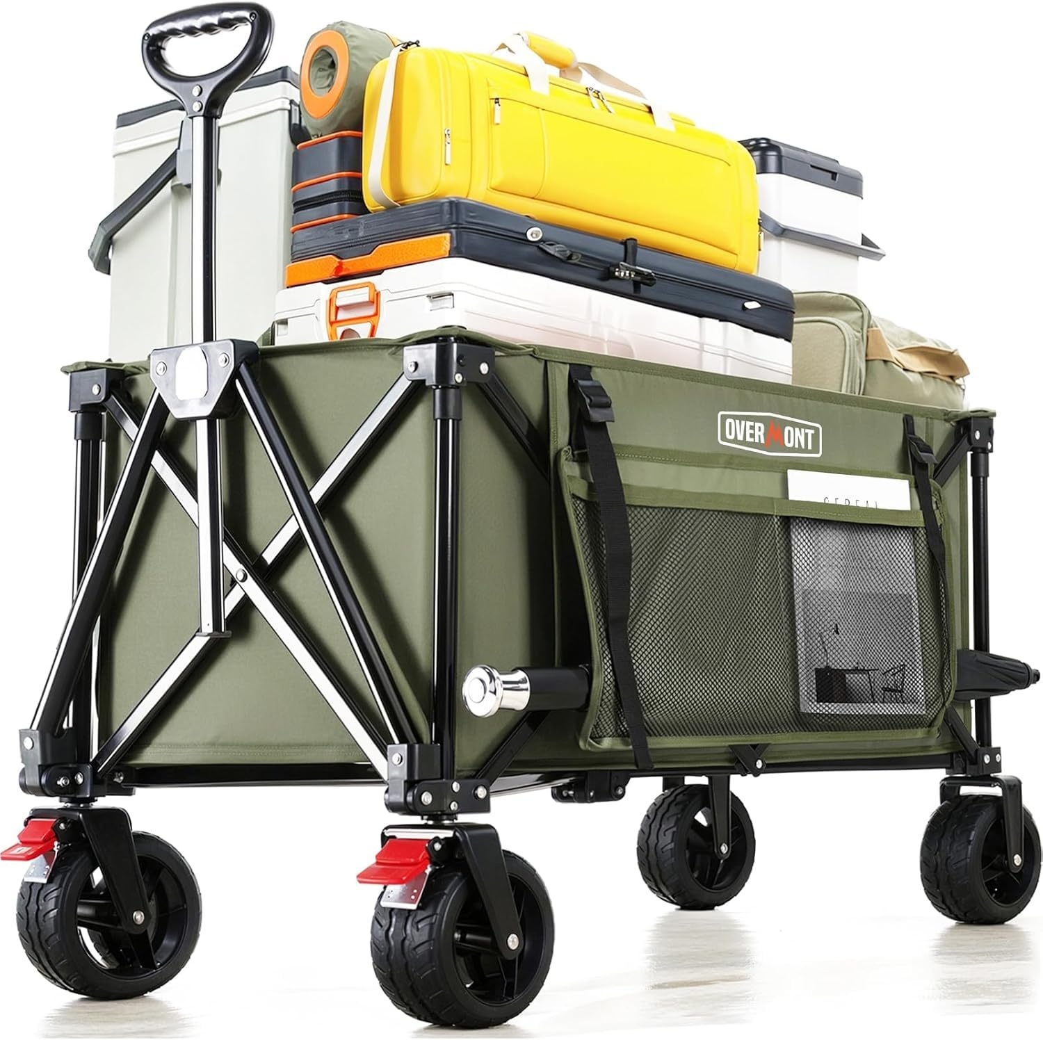 Overmont Opvouwbare bolderkar voor alle terreinen, 8,1 cm brede wielen, 150 liter grote inhoud met zijzakken, bekerhouder, verstelbare handgreep, tot 150 kg draagkracht, voor camping, sport, winkelen