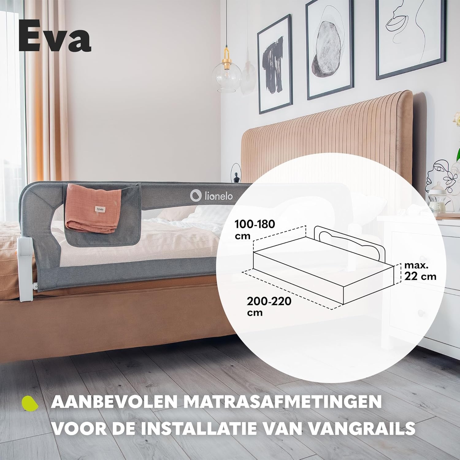 LIONELO Eva Bedhekje 150 x 42 cm – Veilig Bedhek met StandSafe Blokkade, Secure Belt Riemen – 180° Opvouwbaar – Duurzaam Aluminium Frame – Voor Baby, Peuters en Kinderen – Gemakkelijk te Monteren