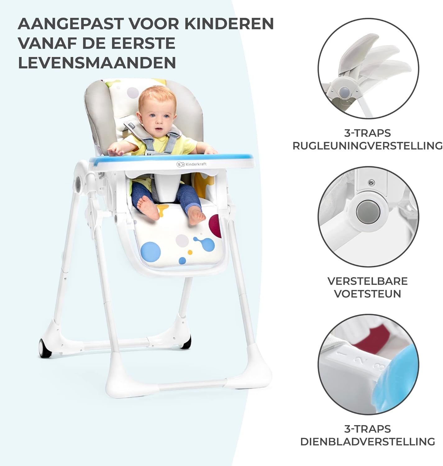 Kinderkraft hoge kinderstoel YUMMY, babystoel, ergonomisch, comfortabel, verstelbare rugleuning, opvouwbaar, met verstelbare hoogte, voetensteun, verwijderbaar dubbel eetblad, grijs