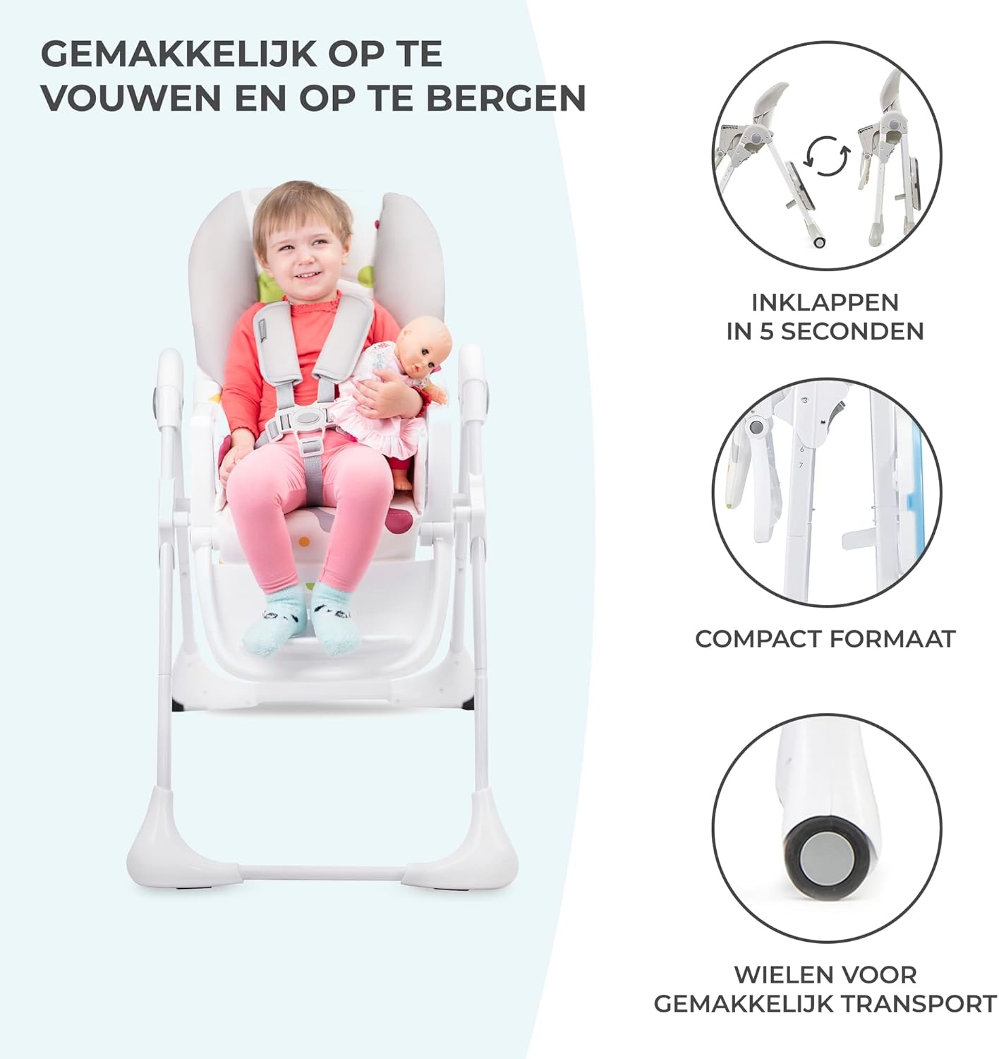 Kinderkraft hoge kinderstoel YUMMY, babystoel, ergonomisch, comfortabel, verstelbare rugleuning, opvouwbaar, met verstelbare hoogte, voetensteun, verwijderbaar dubbel eetblad, grijs