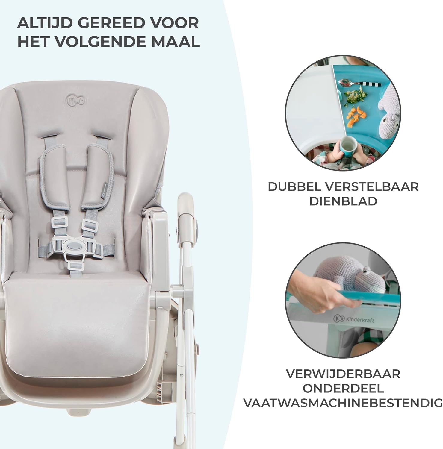 Kinderkraft hoge kinderstoel YUMMY, babystoel, ergonomisch, comfortabel, verstelbare rugleuning, opvouwbaar, met verstelbare hoogte, voetensteun, verwijderbaar dubbel eetblad, grijs