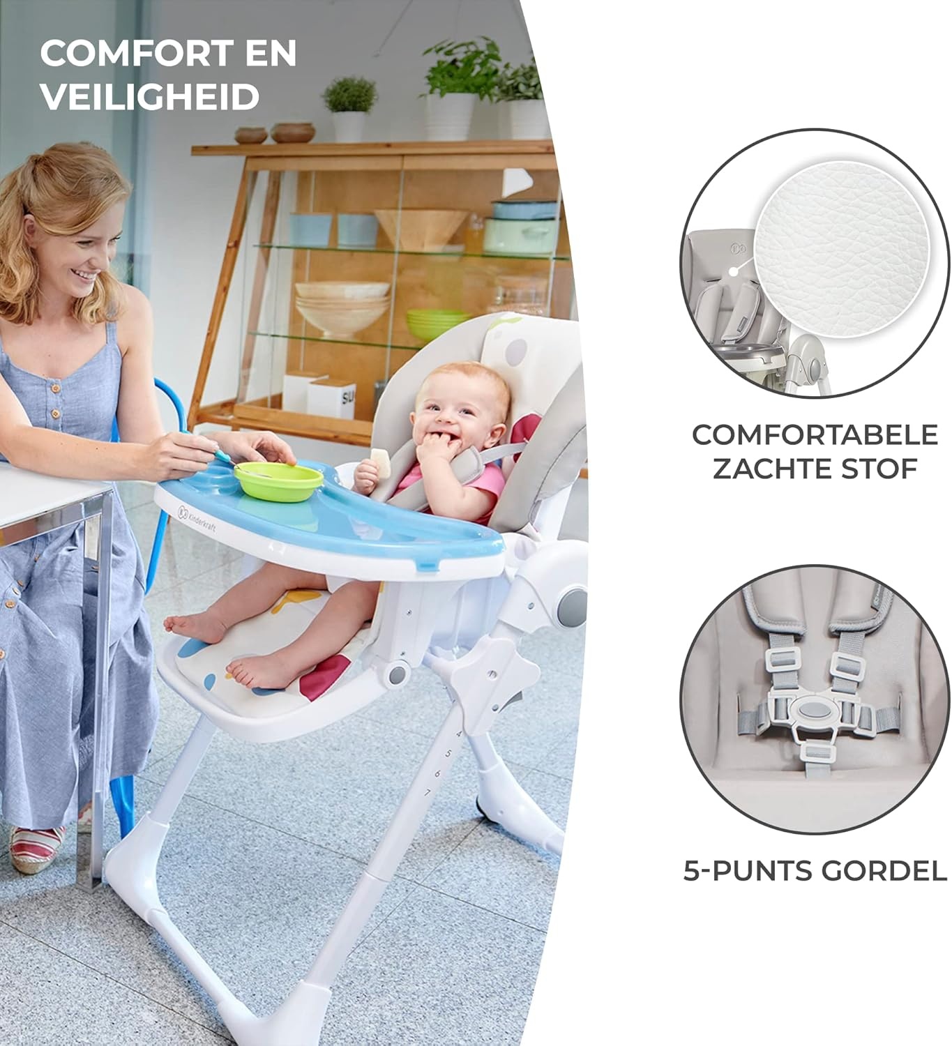 Kinderkraft hoge kinderstoel YUMMY, babystoel, ergonomisch, comfortabel, verstelbare rugleuning, opvouwbaar, met verstelbare hoogte, voetensteun, verwijderbaar dubbel eetblad, grijs