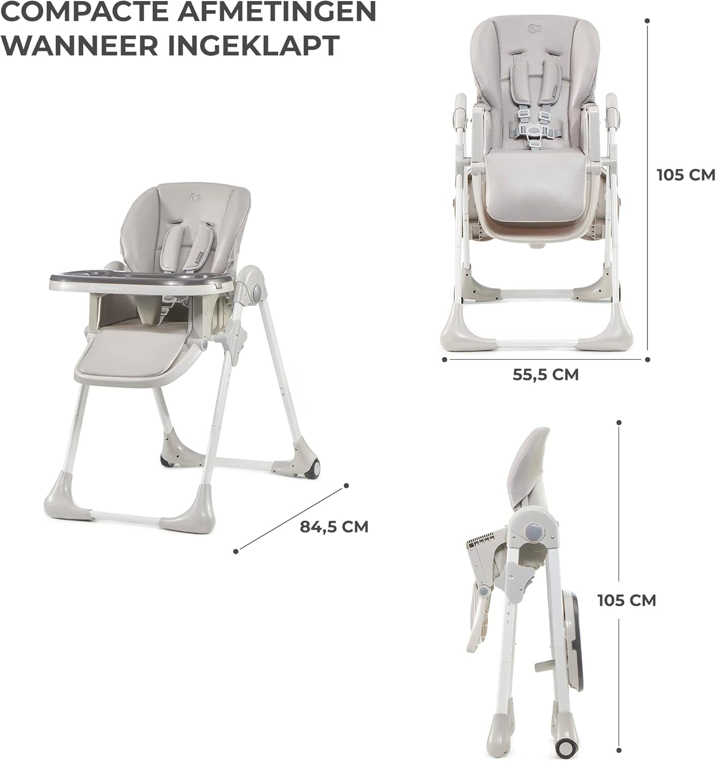 Kinderkraft hoge kinderstoel YUMMY, babystoel, ergonomisch, comfortabel, verstelbare rugleuning, opvouwbaar, met verstelbare hoogte, voetensteun, verwijderbaar dubbel eetblad, grijs