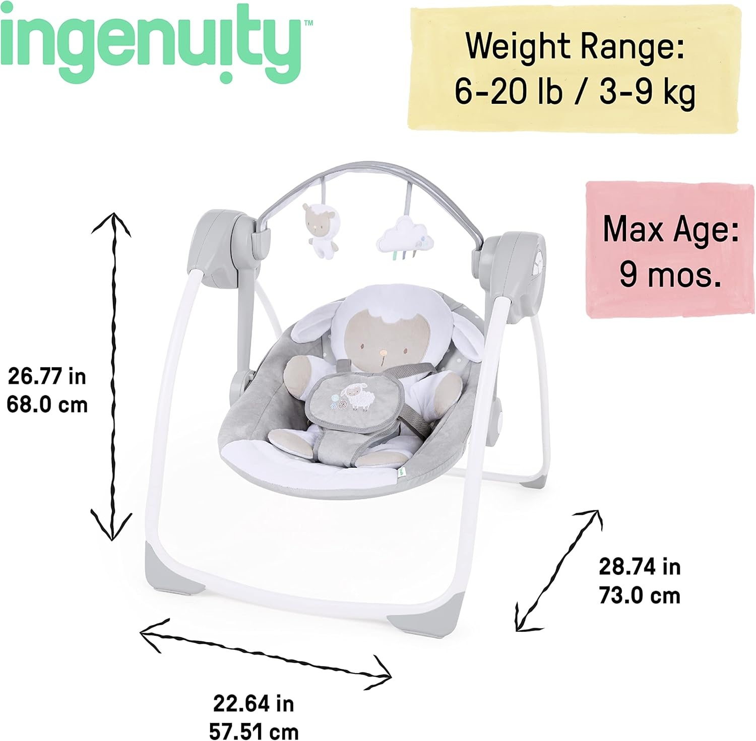 Ingenuity, Draagbare babyschommel, knuffellamp - met melodieën, tijd en schommelinstelling