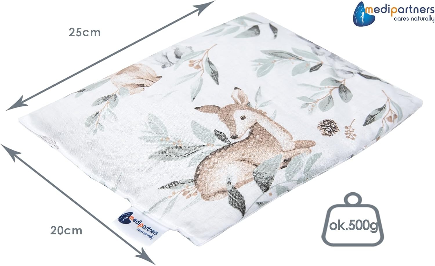 Kersenstenen kussen korrelkussen groot warmtekussen 500g rechthoek 20x25cm eco natuur 100% katoen Medi Partners warmte + koudetherapie massagetherapie (Herten in de bladeren)