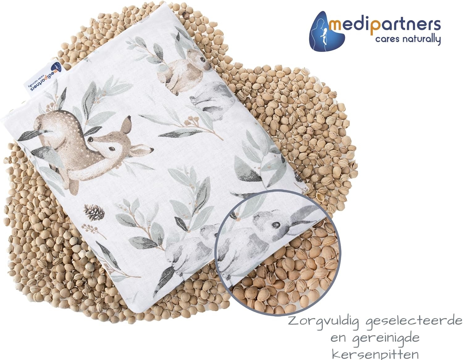 Kersenstenen kussen korrelkussen groot warmtekussen 500g rechthoek 20x25cm eco natuur 100% katoen Medi Partners warmte + koudetherapie massagetherapie (Herten in de bladeren)