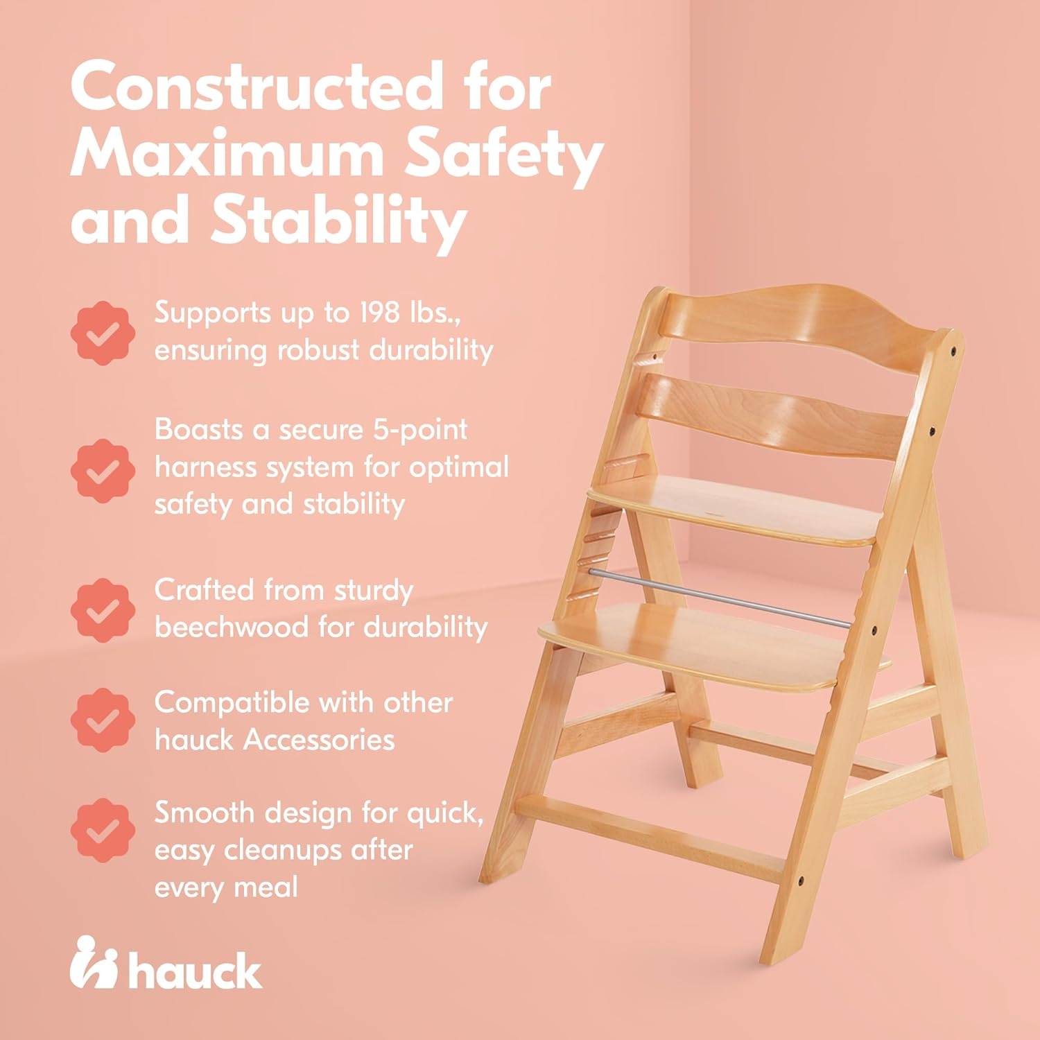 Hauck Alpha+ houten verstelbare kinderstoel met 5-punts harnas vanaf 6 maanden tot 90 kg, geschikt voor Hauck Alpha wipstoeltje vanaf de geboorte, meegroeistoel - natuur