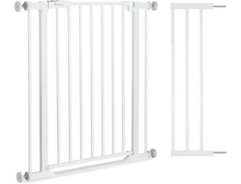 hauck Clear Step 2 + 21 cm Verlenging, Wit - Kinderveiligheidshekje & Hondenhekje, 96-101 cm Verstelbaar, 77 cm Hoog, Lage Drempel, Eénhandige Opening, Zonder Boren