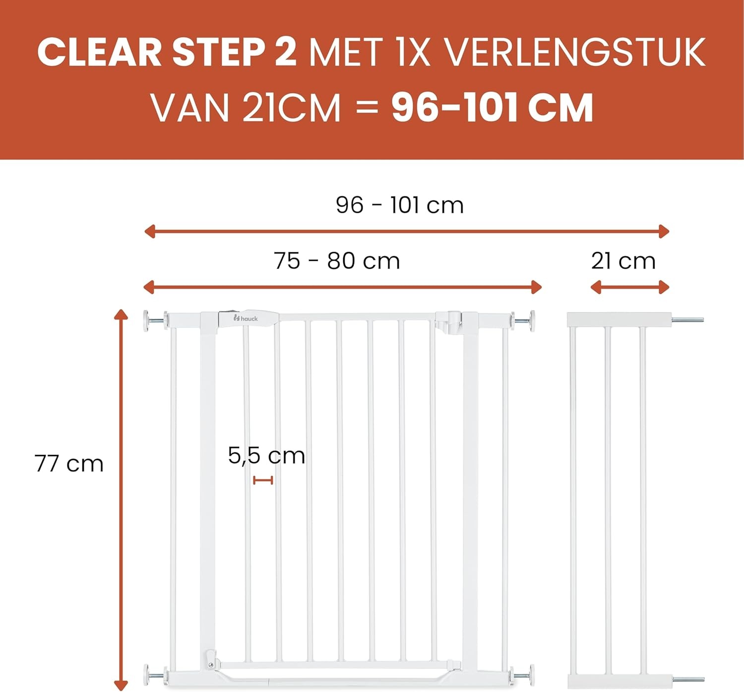 hauck Clear Step 2 + 21 cm Verlenging, Wit - Kinderveiligheidshekje & Hondenhekje, 96-101 cm Verstelbaar, 77 cm Hoog, Lage Drempel, Eénhandige Opening, Zonder Boren