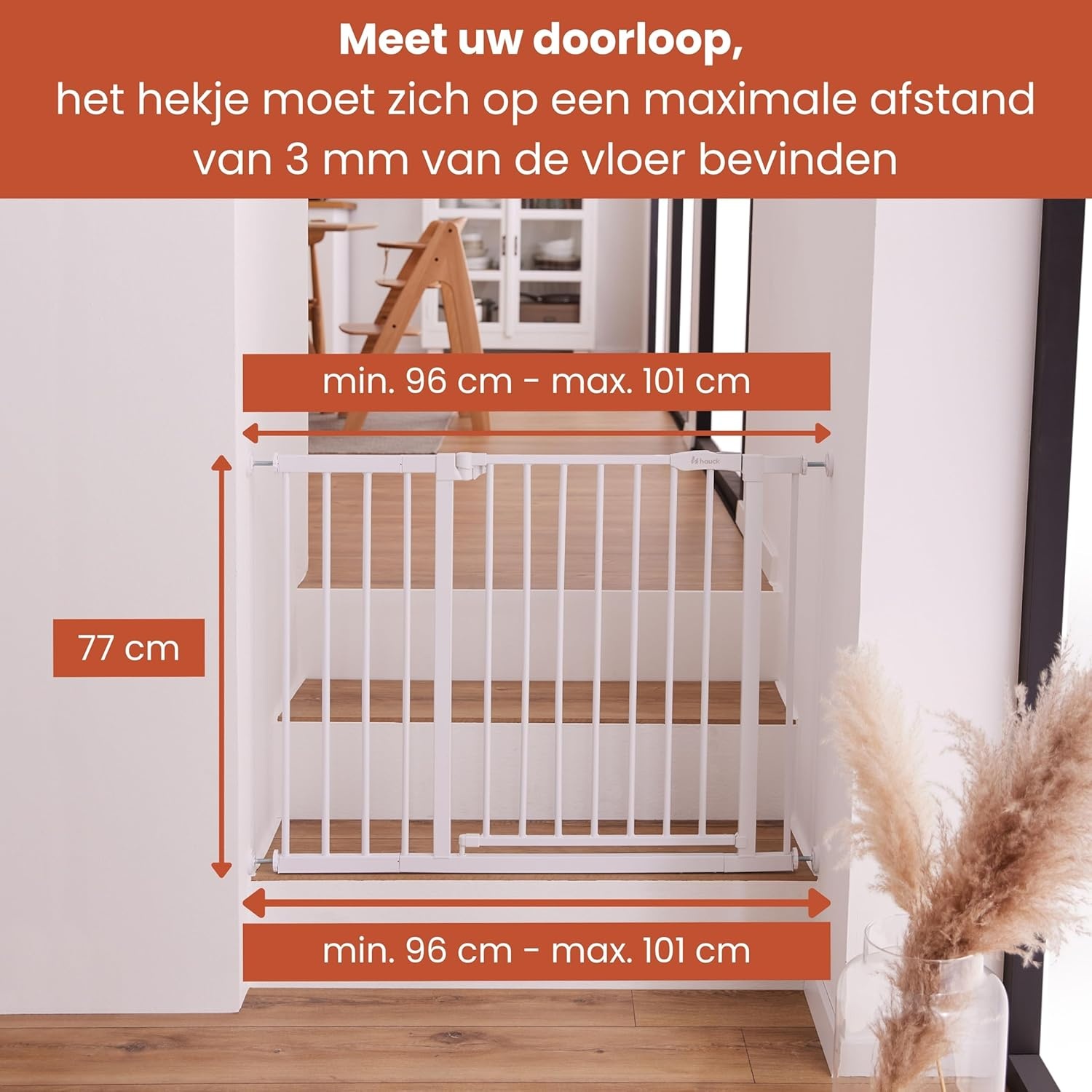 hauck Clear Step 2 + 21 cm Verlenging, Wit - Kinderveiligheidshekje & Hondenhekje, 96-101 cm Verstelbaar, 77 cm Hoog, Lage Drempel, Eénhandige Opening, Zonder Boren