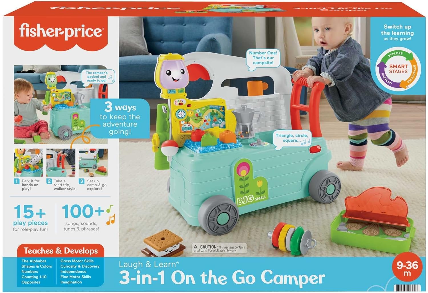 Fisher-Price - Lachen en leren, 3-in-1, duwspeelgoed voor eerste stappen en muzikaal activiteitencentrum, speelgoed voor kinderen van 9-36 maanden, HCK51