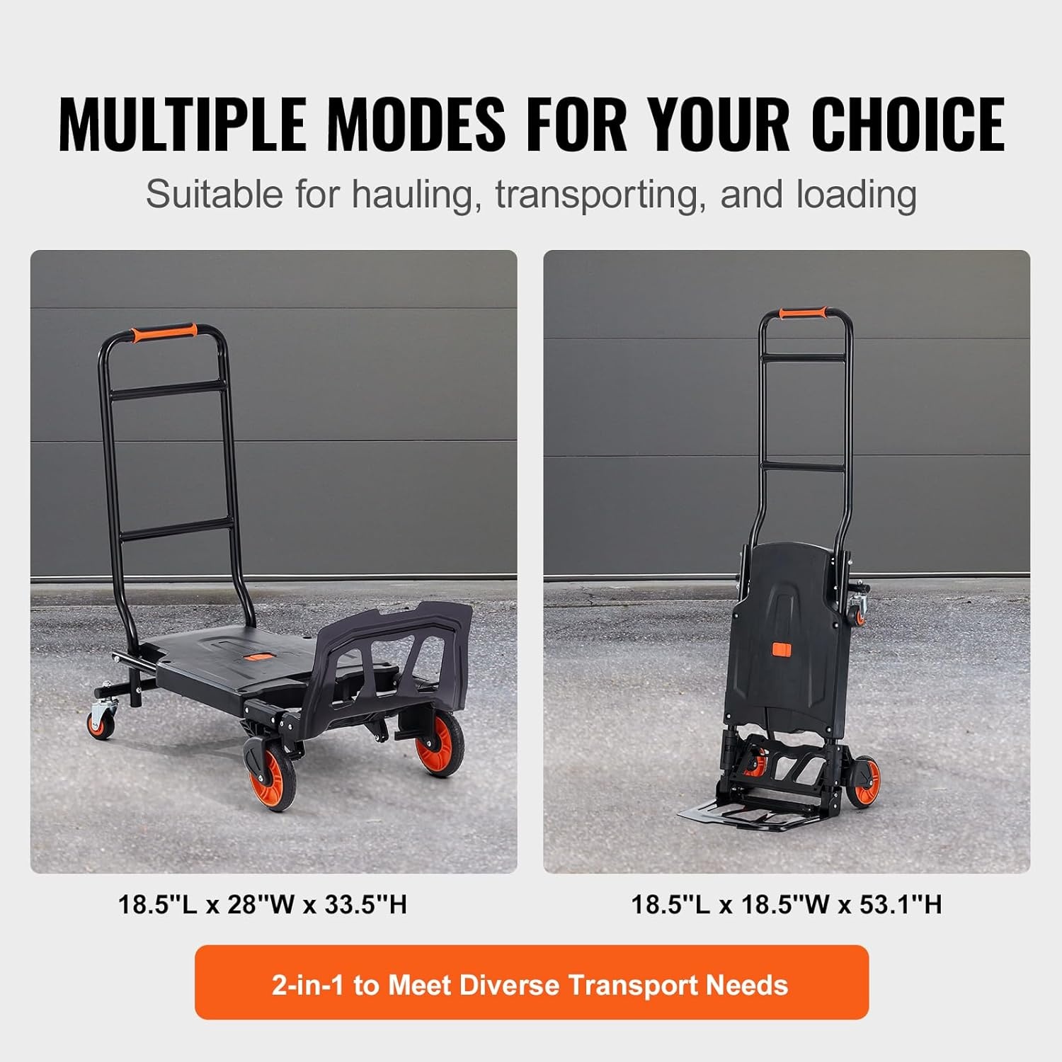 VEVOR 2-in-1 opvouwbare zakkenvrachtwagen 136kg laadvermogen transportvrachtwagen aluminiumlegering & koolstofstaal zakkenvrachtwagen platformvrachtwagen voor binnen buitenlaad transporttaken