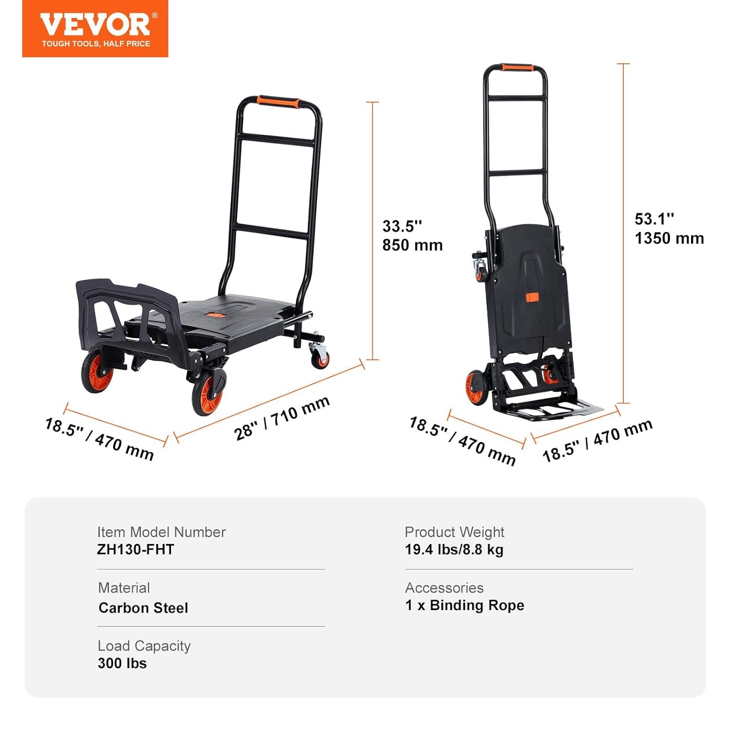 VEVOR 2-in-1 opvouwbare zakkenvrachtwagen 136kg laadvermogen transportvrachtwagen aluminiumlegering & koolstofstaal zakkenvrachtwagen platformvrachtwagen voor binnen buitenlaad transporttaken