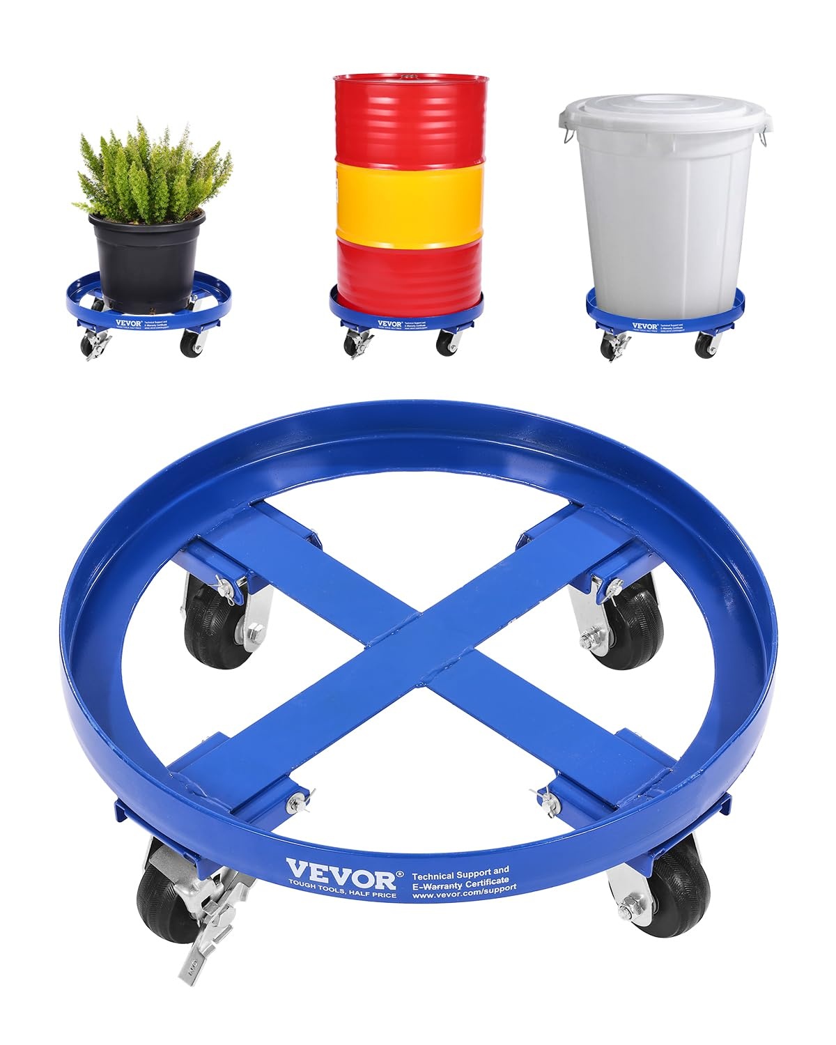 VEVOR Steekwagen voor vaten 250,03 l draagvermogen 907 kg Steekwagen voor zware toepassingen met dwarsbalken en 4 draaibare wielen, voor het vervoer van vaten in het magazijn, blauw