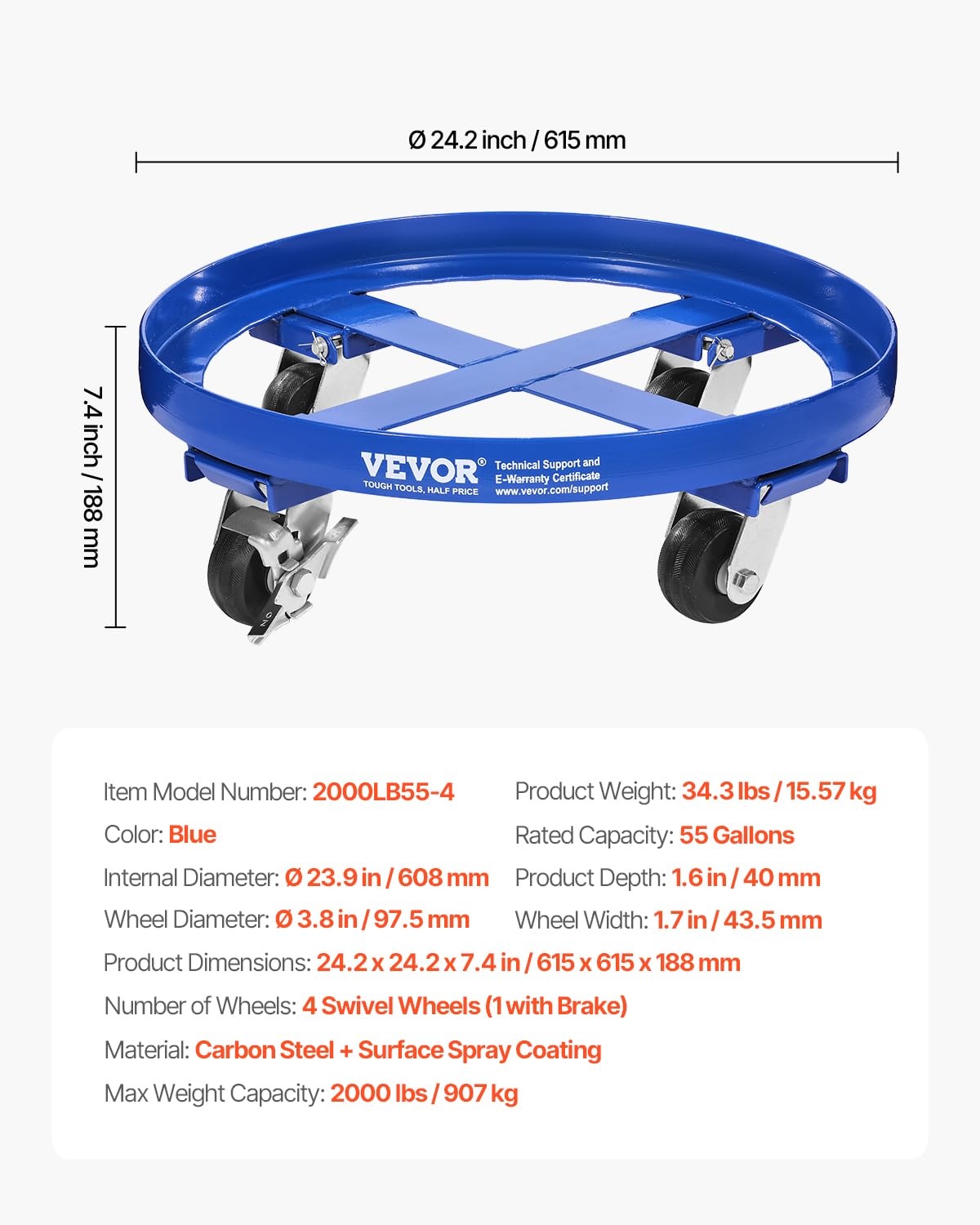 VEVOR Steekwagen voor vaten 250,03 l draagvermogen 907 kg Steekwagen voor zware toepassingen met dwarsbalken en 4 draaibare wielen, voor het vervoer van vaten in het magazijn, blauw