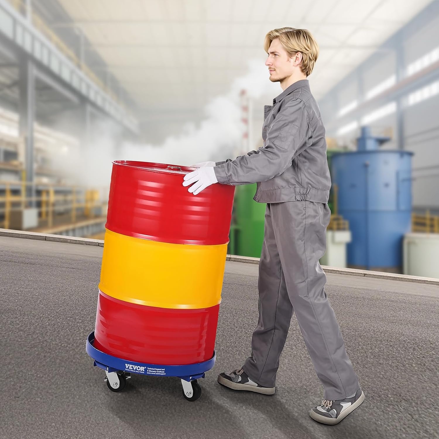 VEVOR Steekwagen voor vaten 250,03 l draagvermogen 907 kg Steekwagen voor zware toepassingen met dwarsbalken en 4 draaibare wielen, voor het vervoer van vaten in het magazijn, blauw