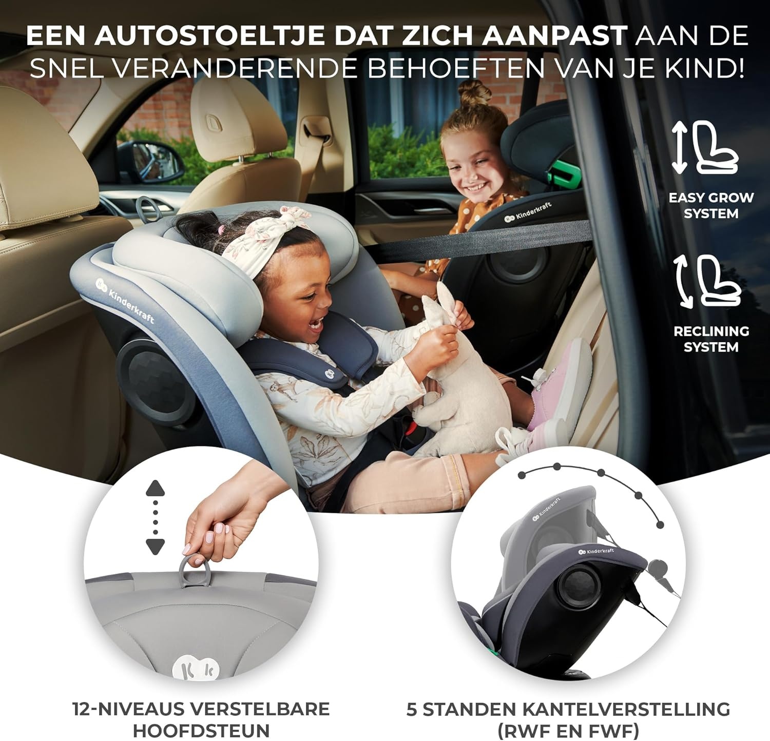 Kinderkraft I-GROW I-SIZE 40-150 cm Autostoeltje 0-36 kg, 360 draaien, met Isofix, afstelbare hoofdsteun 12 verstelniveaus, Extra veiligheidsvoorzieningen, Groep 0/1/2/3, tot 12 jaar, Grijs