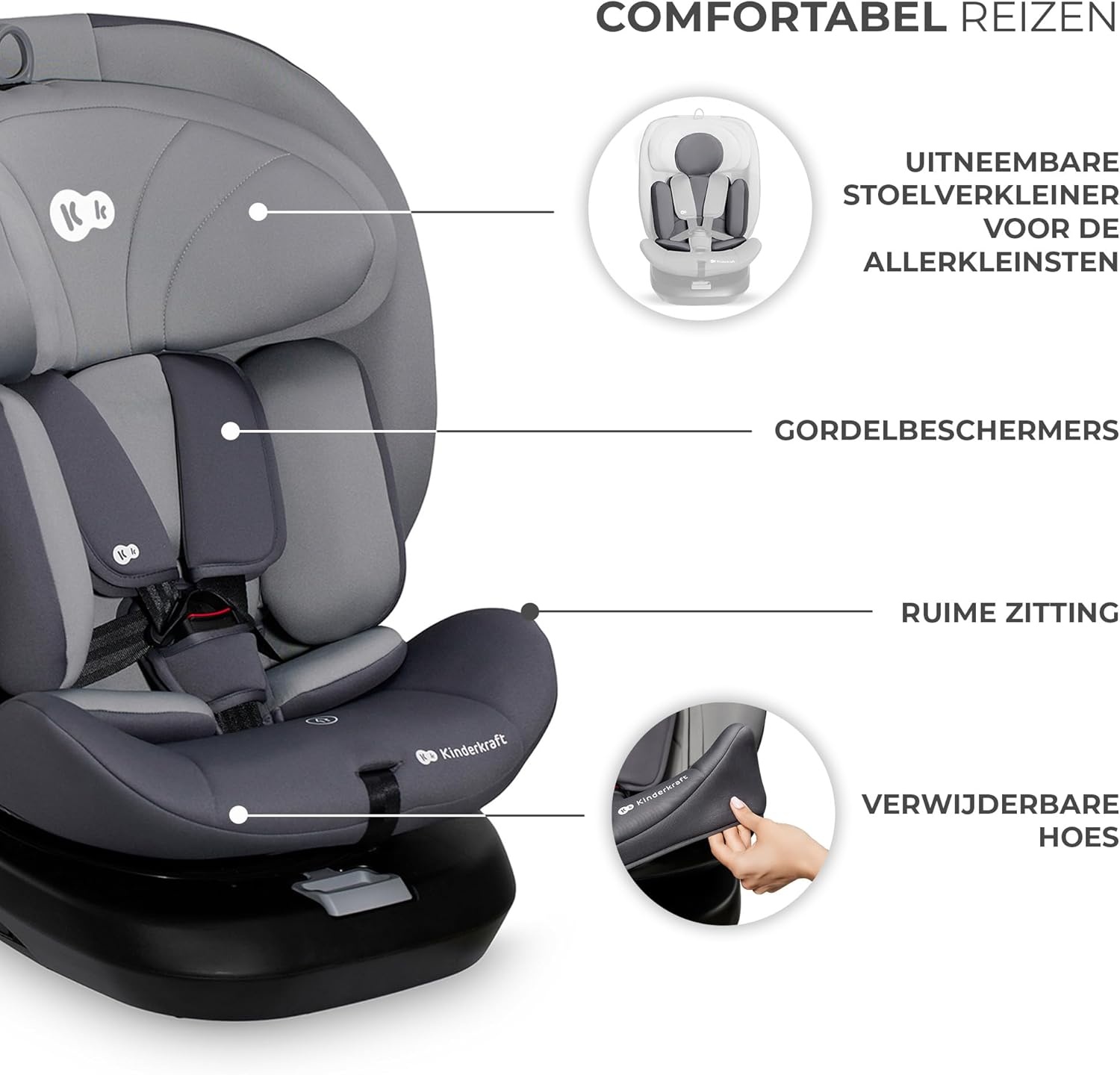 Kinderkraft I-GROW I-SIZE 40-150 cm Autostoeltje 0-36 kg, 360 draaien, met Isofix, afstelbare hoofdsteun 12 verstelniveaus, Extra veiligheidsvoorzieningen, Groep 0/1/2/3, tot 12 jaar, Grijs