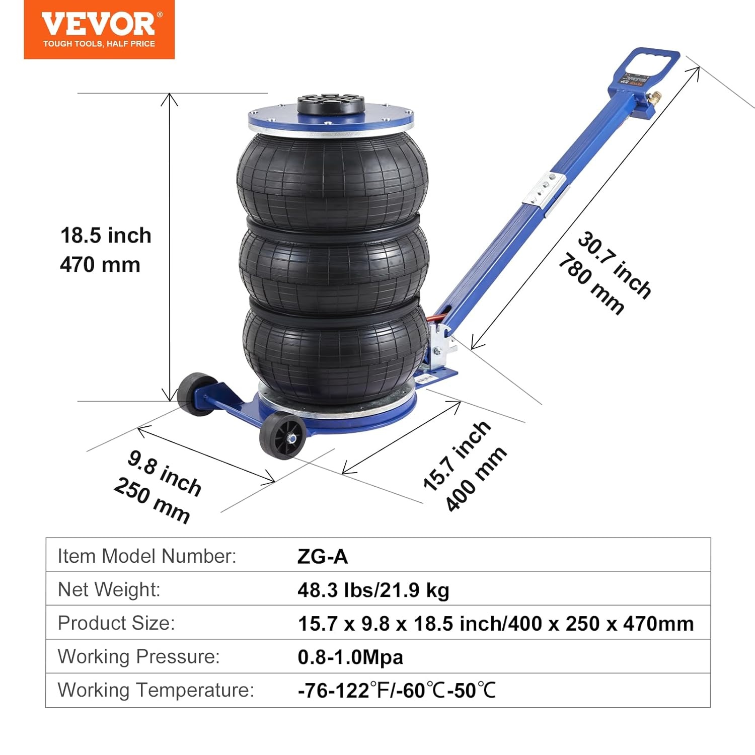 VEVOR 5 Ton Pneumatische Krik Bereik 140-470 mm Pneumatische Hefkrik 0,8-1,0 MPa 3 Luchtkussens Lange Verstelbare Handgreep Snelheffen voor Auto Reparatie Onderhoud SUV Werkplaats Garage