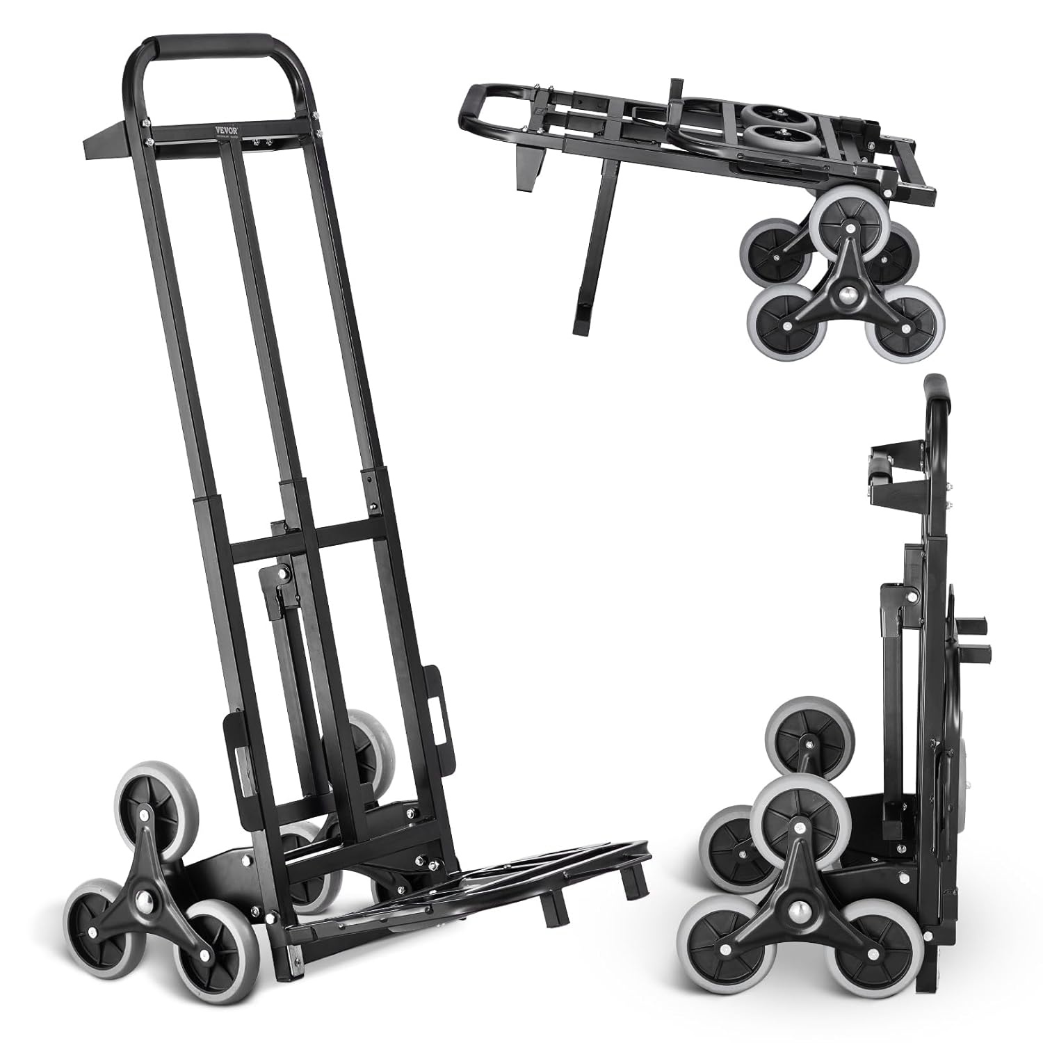 VEVOR Trappenwagen, 208 kg, inklapbaar, met dubbele handgreep, 6 wielen, 2 elastische touwen, voor transport, magazijn, luchthaven, winkelcentrum, verhuizing, kantoor, Zwart, Inklapbare handwagen voor