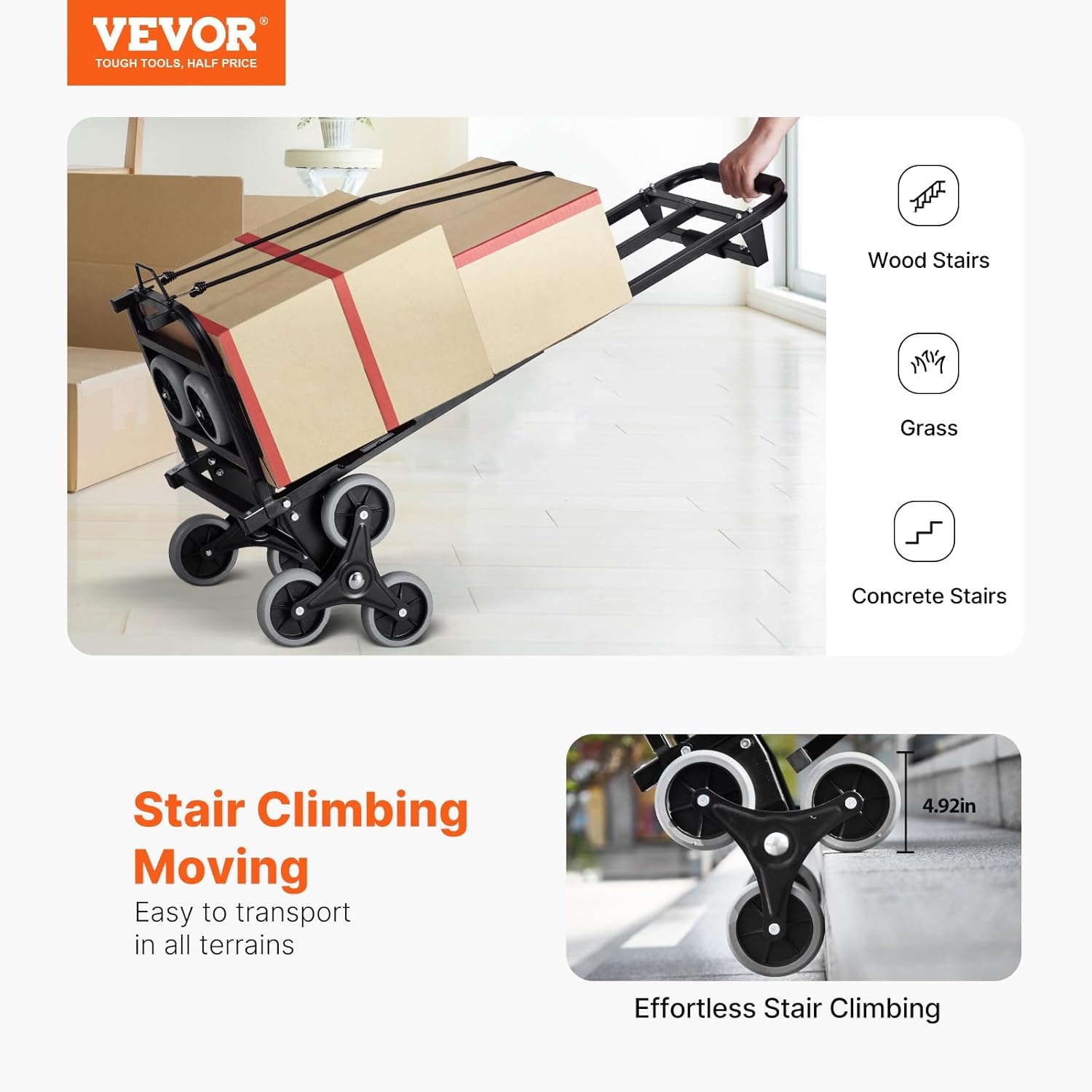 VEVOR Trappenwagen, 208 kg, inklapbaar, met dubbele handgreep, 6 wielen, 2 elastische touwen, voor transport, magazijn, luchthaven, winkelcentrum, verhuizing, kantoor, Zwart, Inklapbare handwagen voor