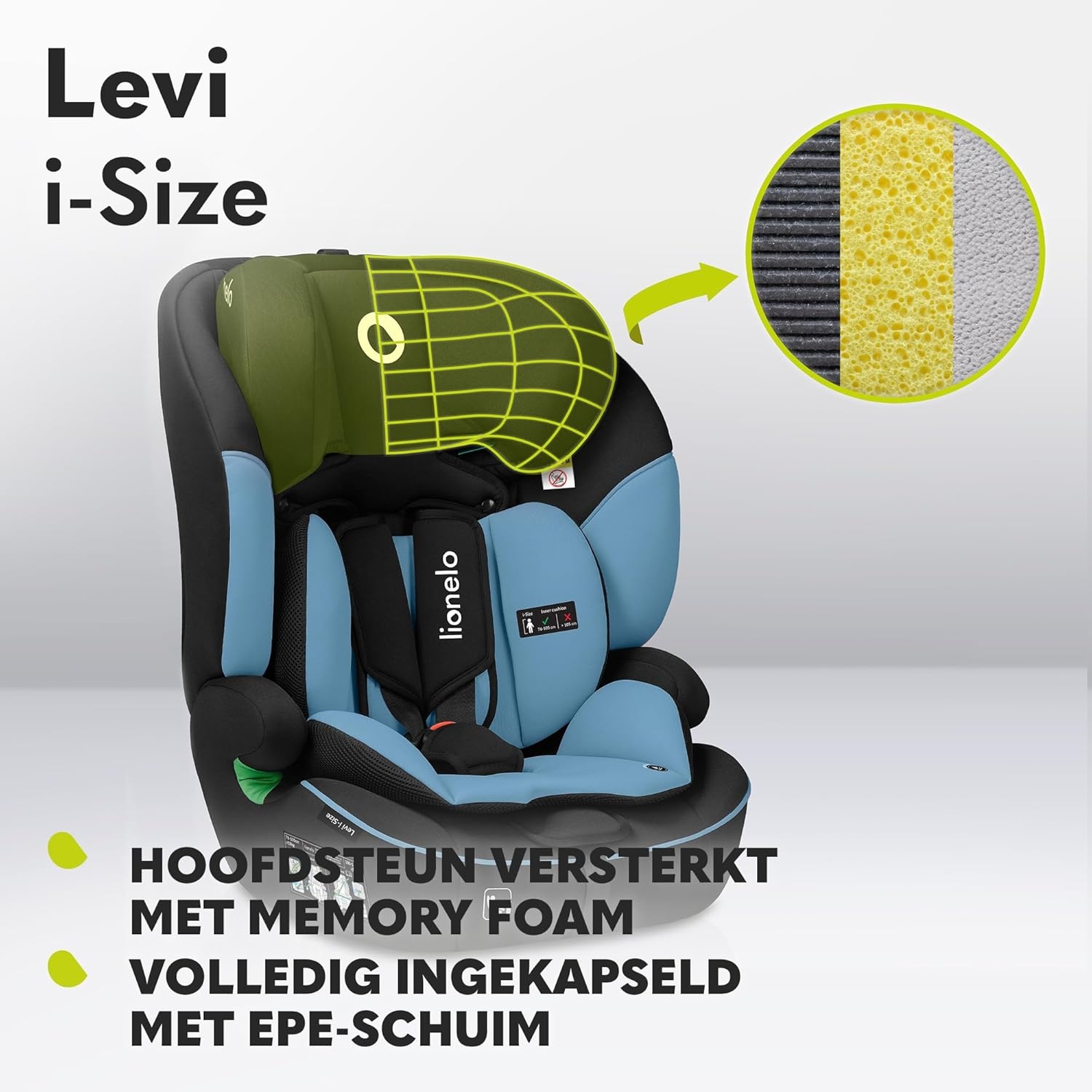 Lionelo Levi i-Size autostoel 76-150 cm Blauw