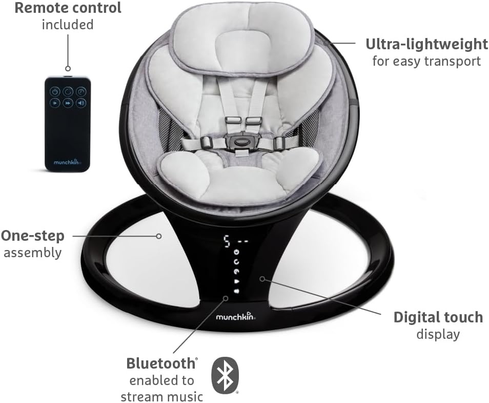 Munchkin Elektrische babyschommel | Bluetooth-ingeschakelde babyuitsmijter stoel en wip | Draagbare schommelstoel en zachte stuiterende stoel met beweging en geluiden | zwart