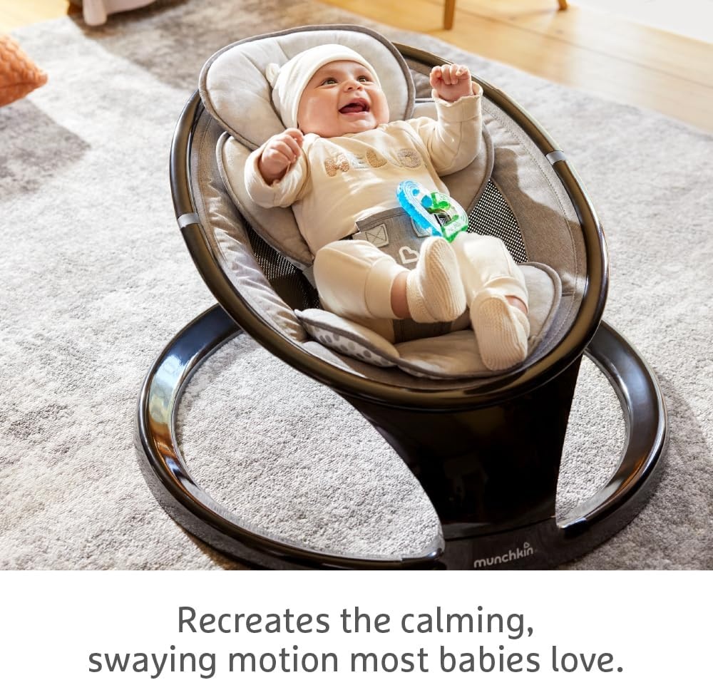 Munchkin Elektrische babyschommel | Bluetooth-ingeschakelde babyuitsmijter stoel en wip | Draagbare schommelstoel en zachte stuiterende stoel met beweging en geluiden | zwart
