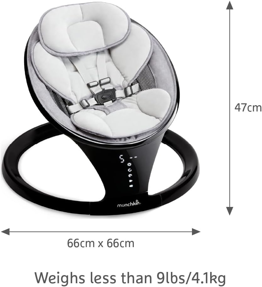 Munchkin Elektrische babyschommel | Bluetooth-ingeschakelde babyuitsmijter stoel en wip | Draagbare schommelstoel en zachte stuiterende stoel met beweging en geluiden | zwart