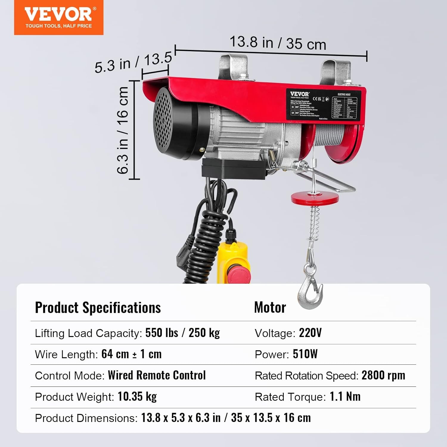 VEVOR Elektrische takel 250KG - 230V - 510W - 12m hefhoogte - 10m/min
