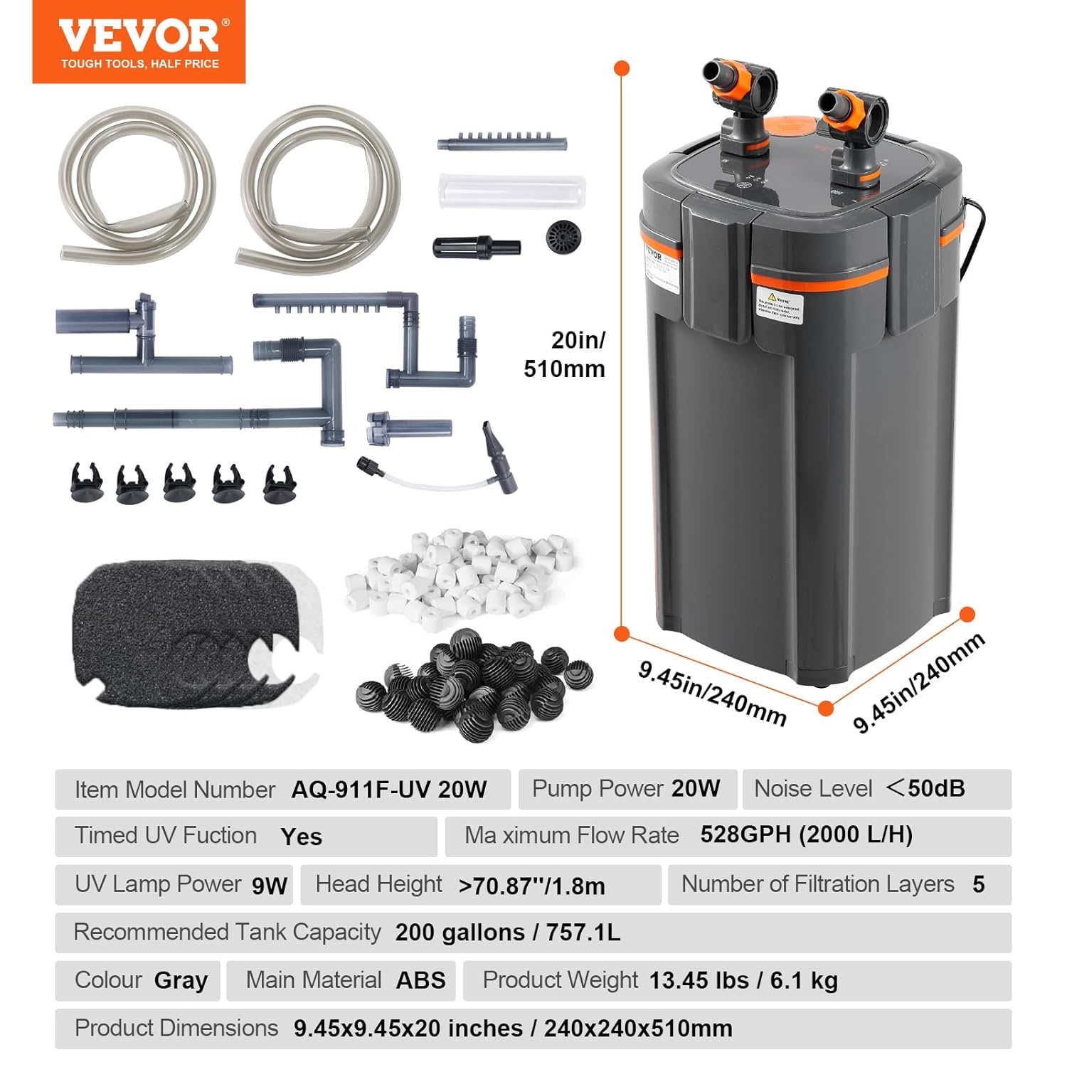 VEVOR Aquariumfilter 528 GPH, 5-traps jerrycan filter 757,1 L, extreem stille interne aquariumfilter met uv-bescherming, dompelbaar powerfilter met meerdere functies voor aquaria, 20 W