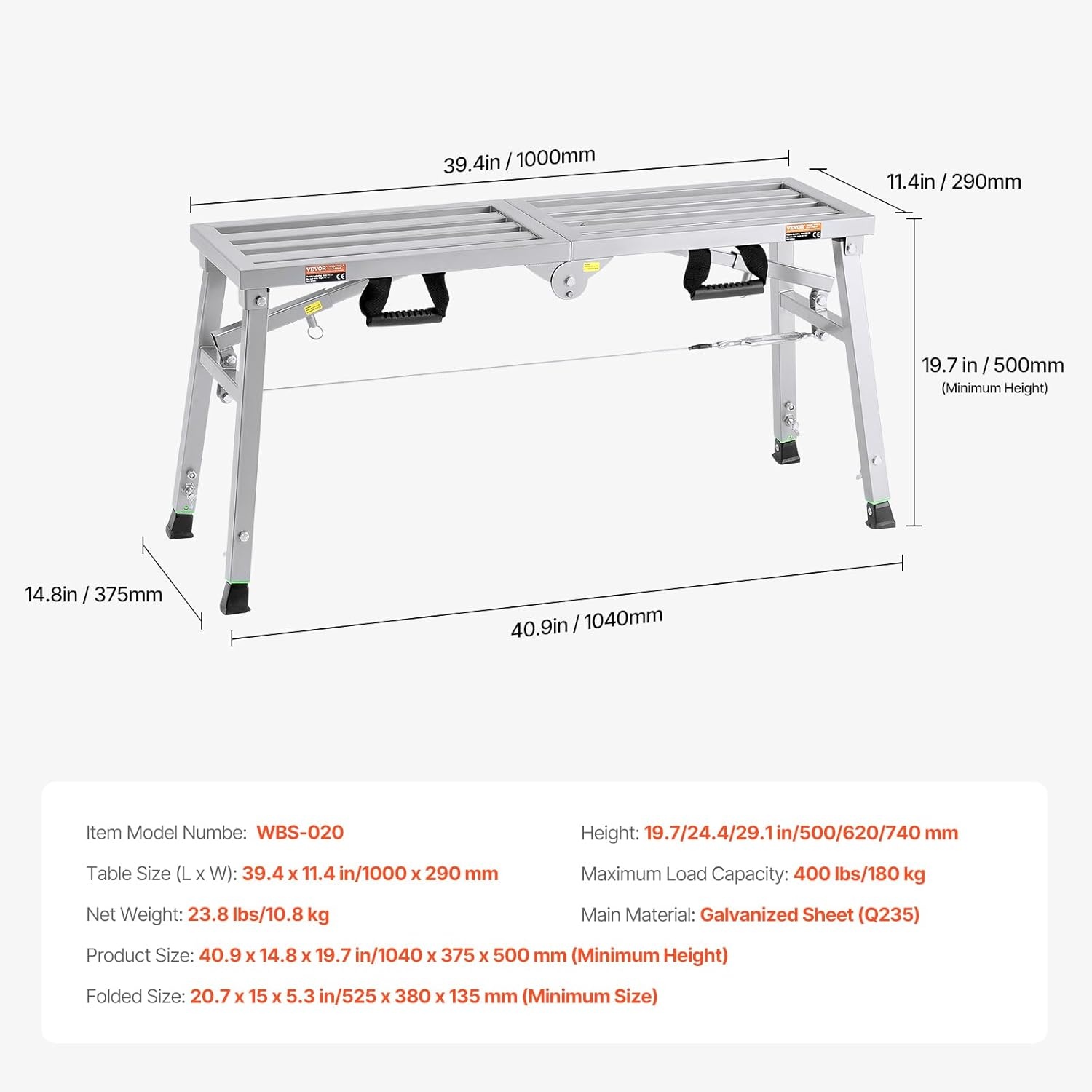 VEVOR werkplatform van legere staal, inklapbaar, 500-740 mm hoog, 180 kg draagkracht, afmetingen 1040 x 375 x 500 mm