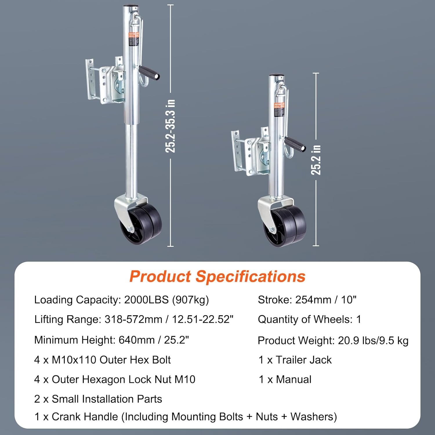 VEVOR Aanhangerlift, bootaanhangerkrik, 907 kg, schroefbare aanhangerlift, met PP-wiel en handgreep voor het optillen van camperaanhangers, paardenaanhangers, bedrijfsvoertuigaanhangers en