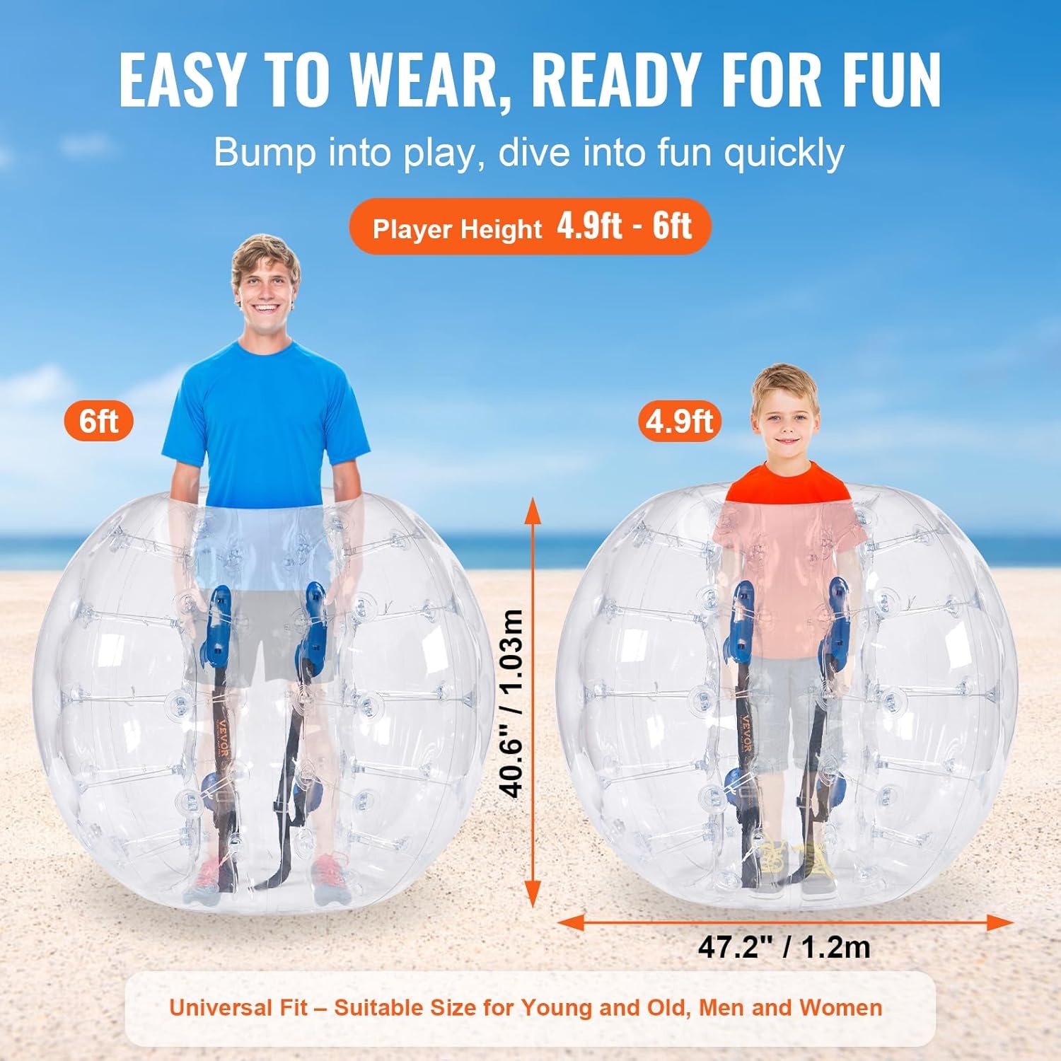 VEVOR Opblaasbare bumperbal, schokbestendige speelbal, 1 stuk, 1,2 m x 1,03 m, transparante opblaasbare bal, bubbelbal van pvc voor outdoor-activiteiten, opblaasbare bumperbal