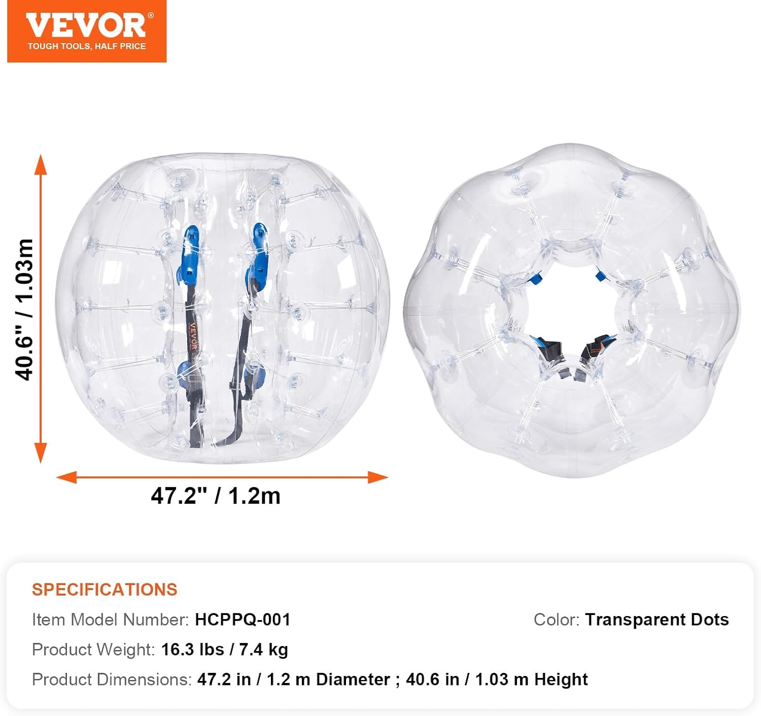 VEVOR Opblaasbare bumperbal, schokbestendige speelbal, 1 stuk, 1,2 m x 1,03 m, transparante opblaasbare bal, bubbelbal van pvc voor outdoor-activiteiten, opblaasbare bumperbal