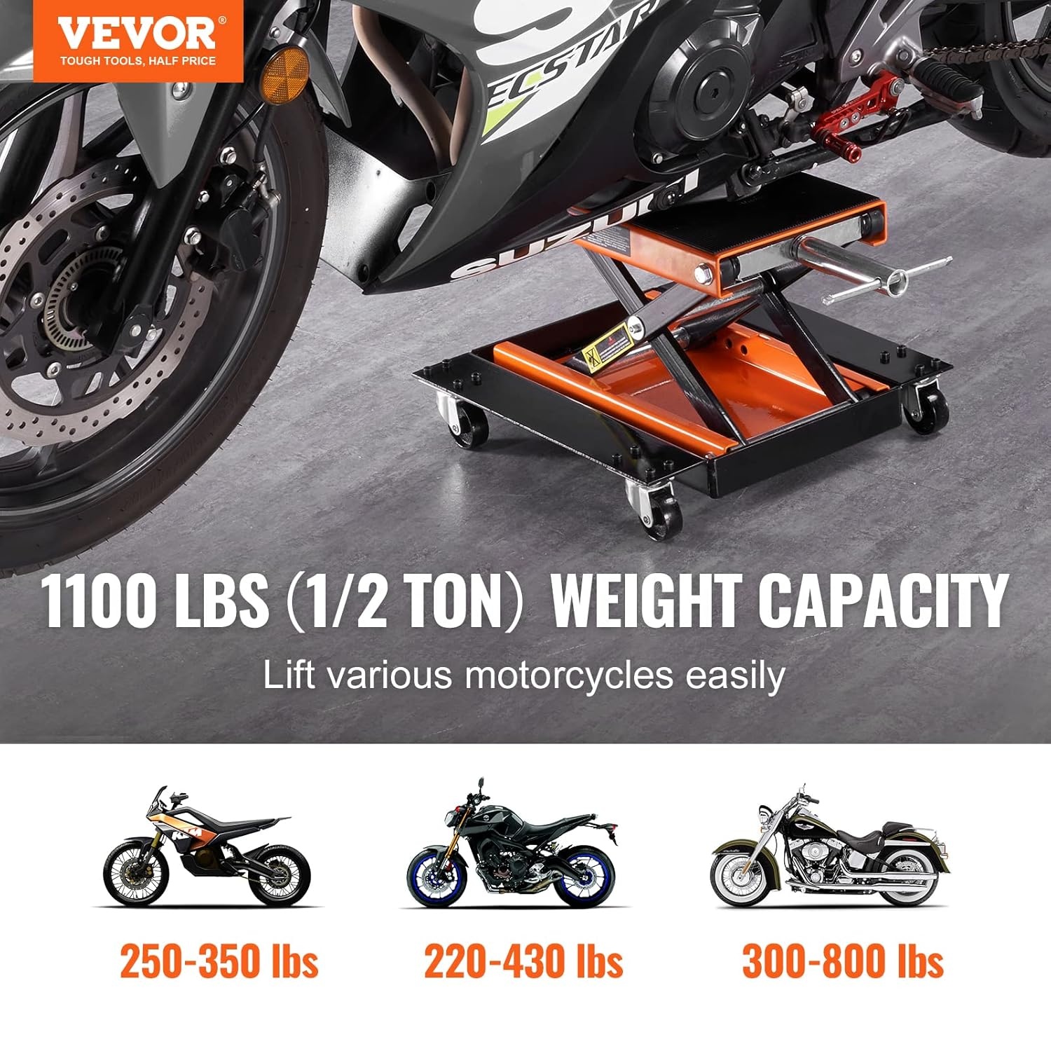 VEVOR Motorfietslift, 0,5 ton belastbaar, 120-390 mm motorhefbrug, montagebok, motorfiets, verstelbare motorlift, motorstandaard, garage en buitenruimtes