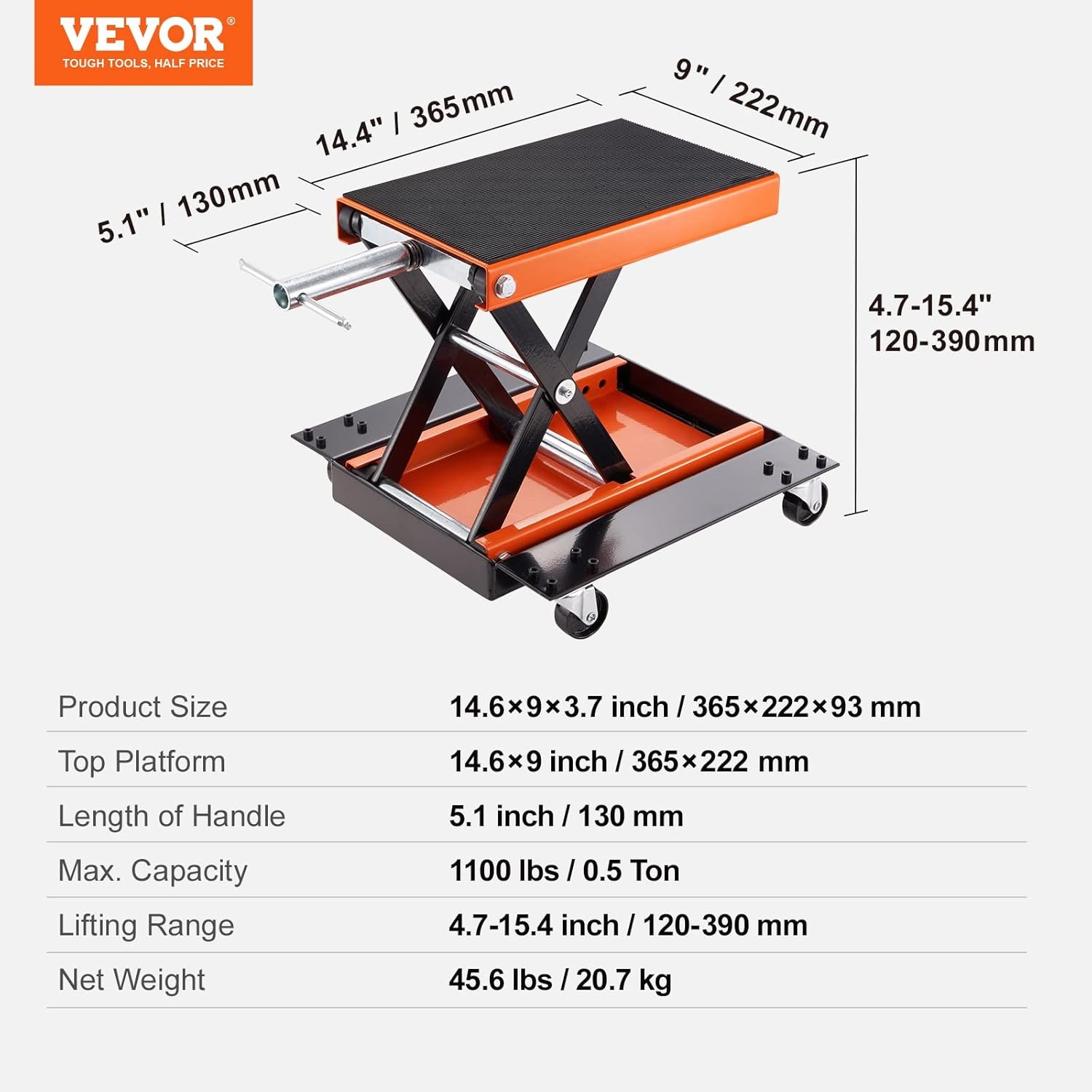 VEVOR Motorfietslift, 0,5 ton belastbaar, 120-390 mm motorhefbrug, montagebok, motorfiets, verstelbare motorlift, motorstandaard, garage en buitenruimtes