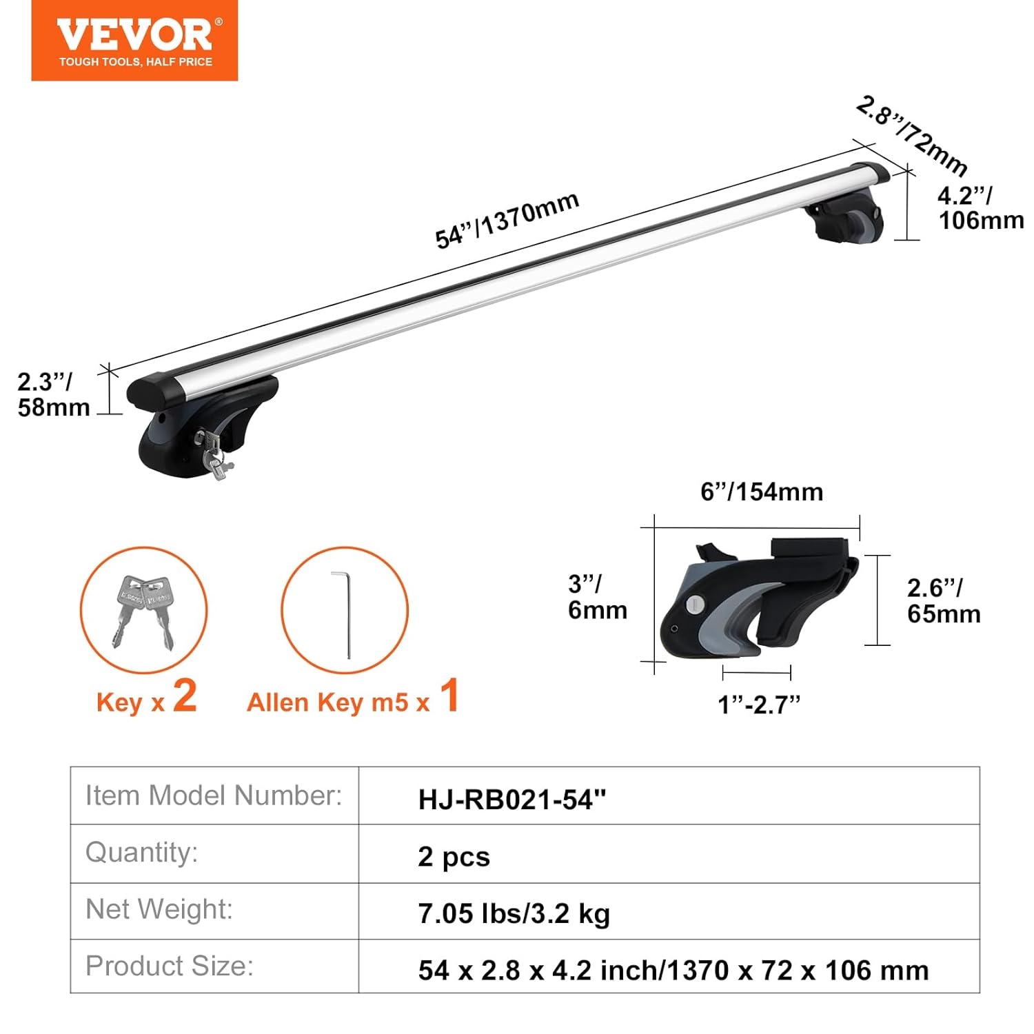 VEVOR Dakbagagedrager, 1370 x 72 x 106 mm, dwarsstang, 90,7 kg, draagvermogen, universeel