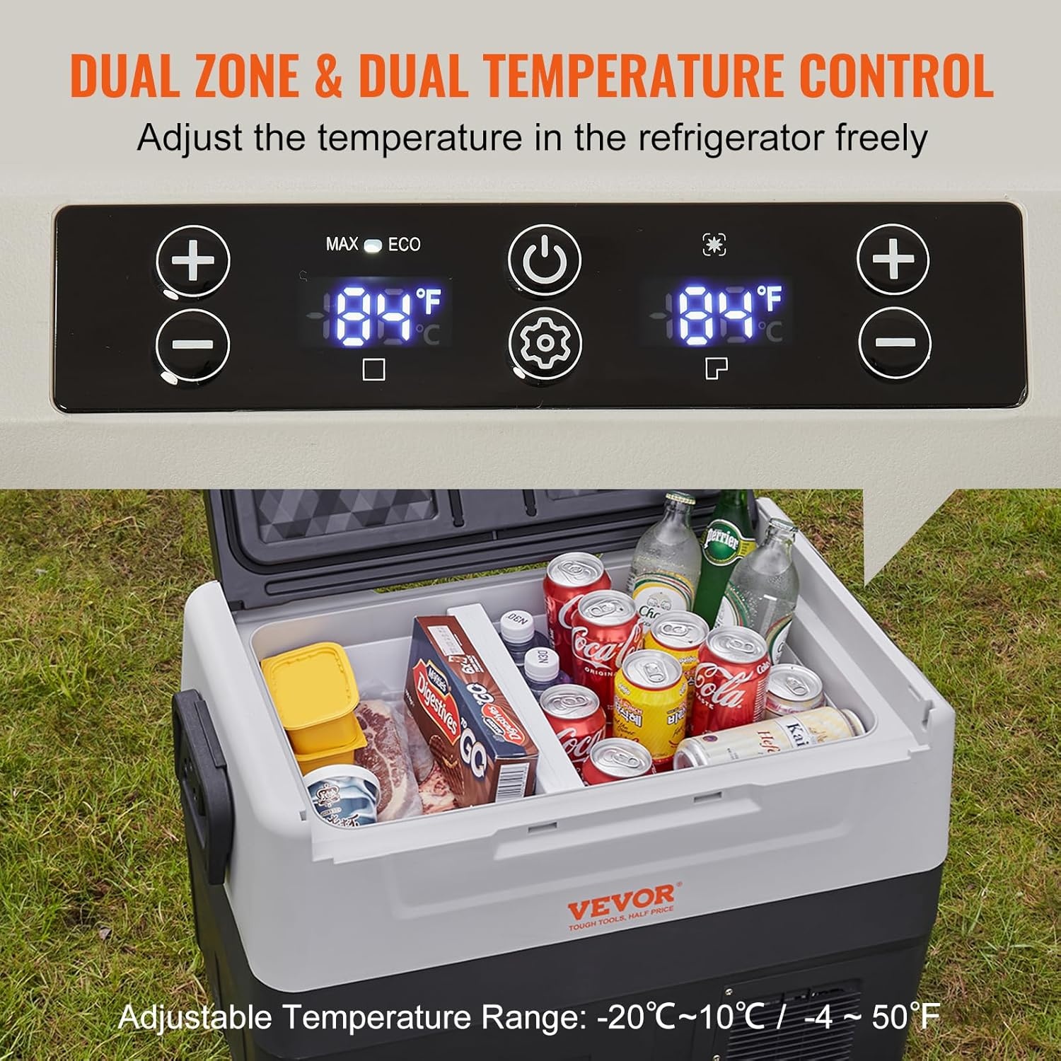 VEVOR Koelkast voor auto, 55 l, draagbare koelcompressor, met dubbele zones, voor camping, met handvat en wielen, 0,6 kW van -20 °C tot 10 °C, instelbaar, elektrische thermo-koelkast voor vrachtwagens