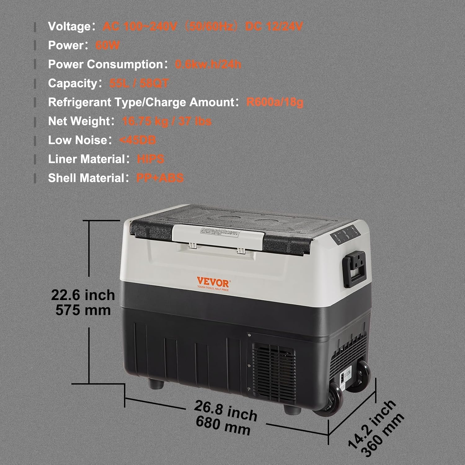 VEVOR Koelkast voor auto, 55 l, draagbare koelcompressor, met dubbele zones, voor camping, met handvat en wielen, 0,6 kW van -20 °C tot 10 °C, instelbaar, elektrische thermo-koelkast voor vrachtwagens