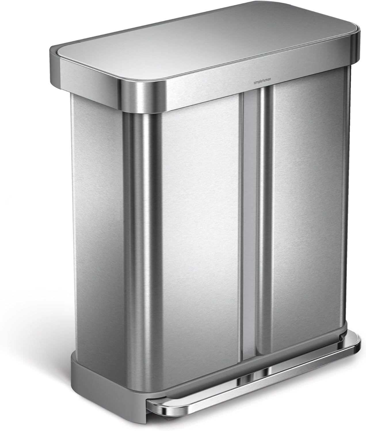 simplehuman CW2025 58L Rechthoekige Recycling Pedal Bin, Geborsteld RVS, met Liner Pocket en Soft Close Deksel