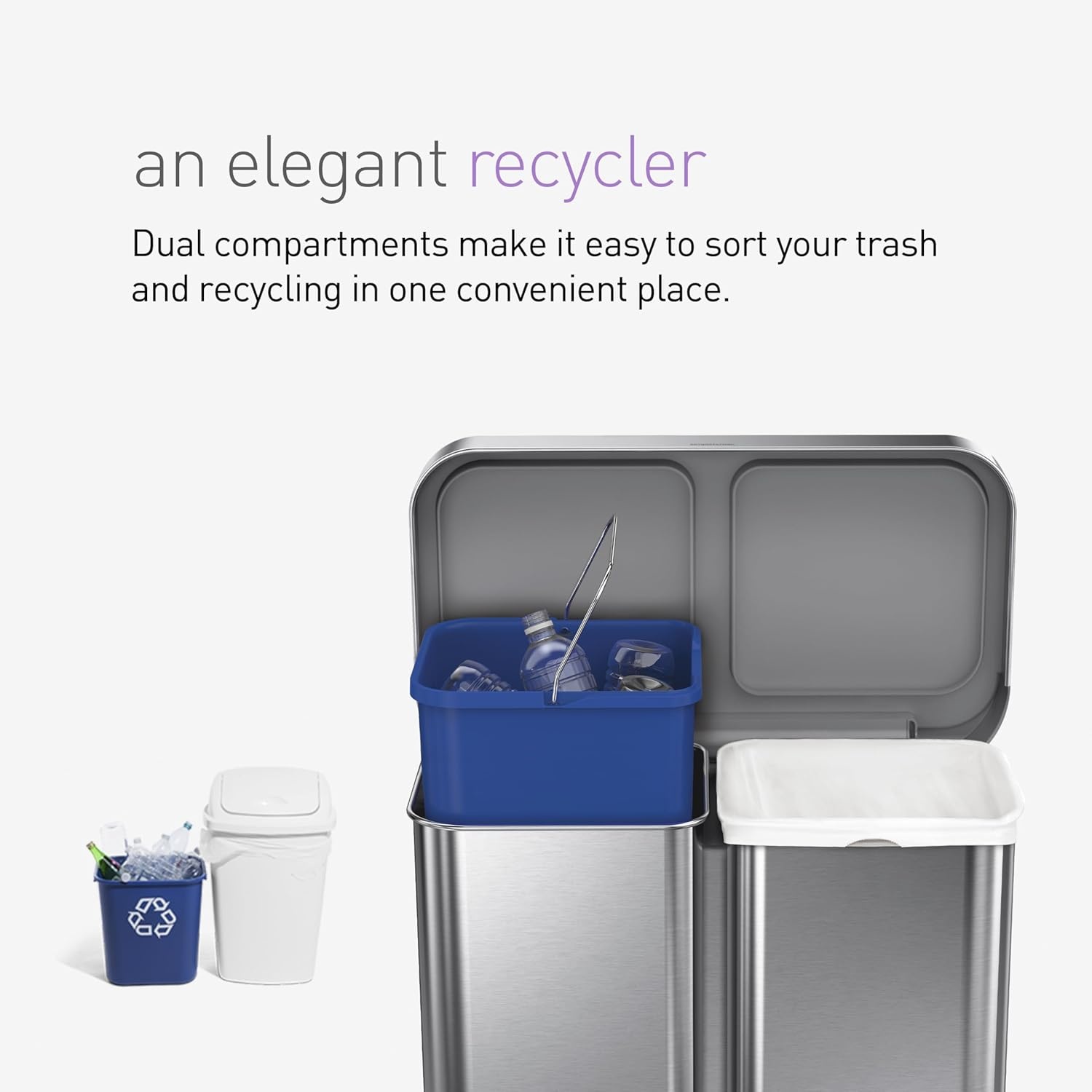 simplehuman CW2025 58L Rechthoekige Recycling Pedal Bin, Geborsteld RVS, met Liner Pocket en Soft Close Deksel