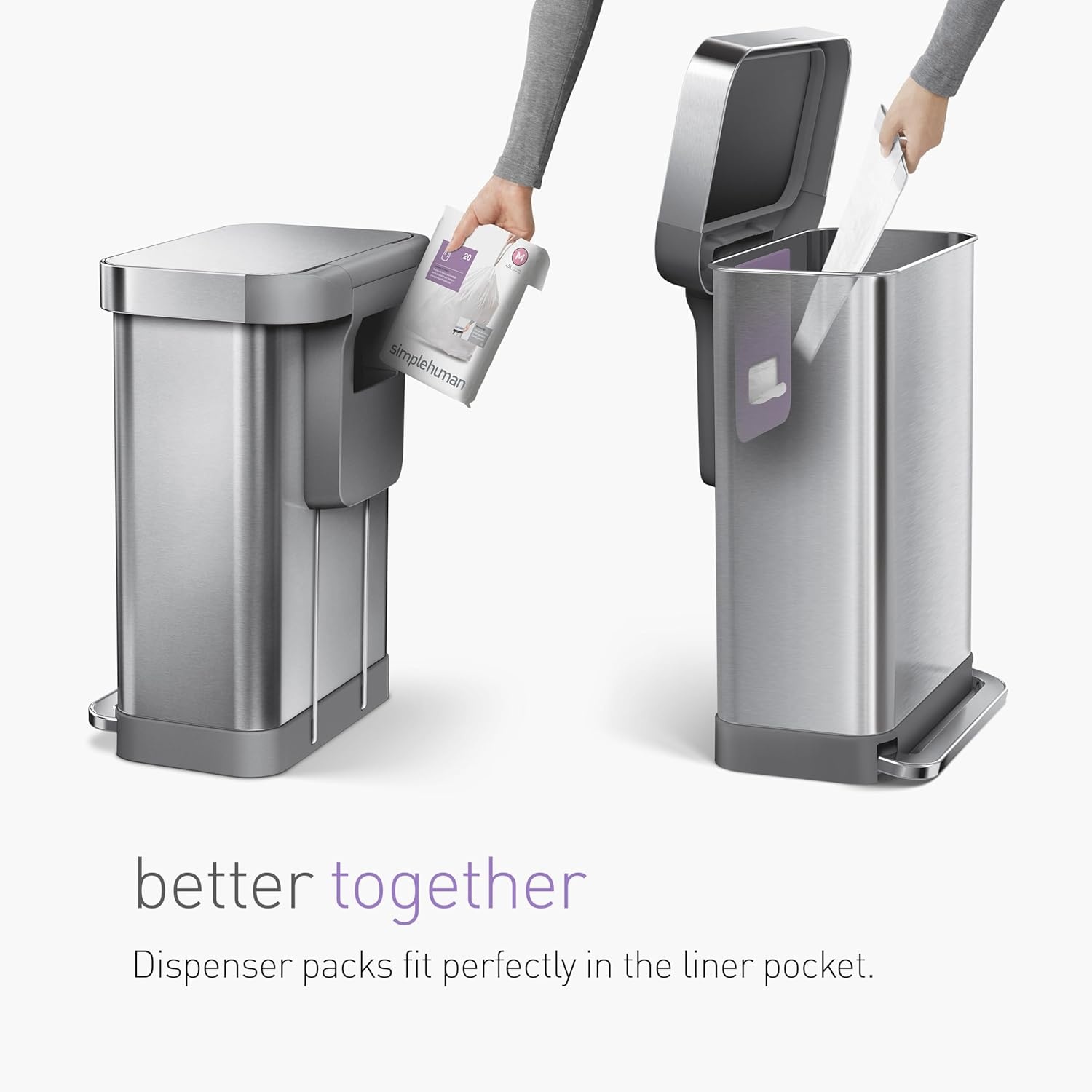 simplehuman CW2025 58L Rechthoekige Recycling Pedal Bin, Geborsteld RVS, met Liner Pocket en Soft Close Deksel