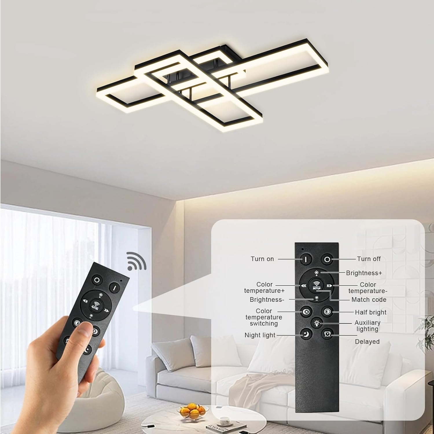 VONCI Plafondlamp 90 cm Rechthoekig Zwart LED Dimbare 80W 3000-6000K met Afstandsbediening