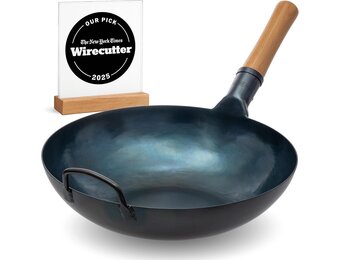 YOSUKATA Koolstofstalen Wokpan en Roerbakpannen 34 cm - Voorbehandelde Wok met Platte Bodem - Wokpan Inductie - Traditionele Chinese Roerbakpan Groot Past bij Gas, Inductie, Elektrisch, Open Vuur