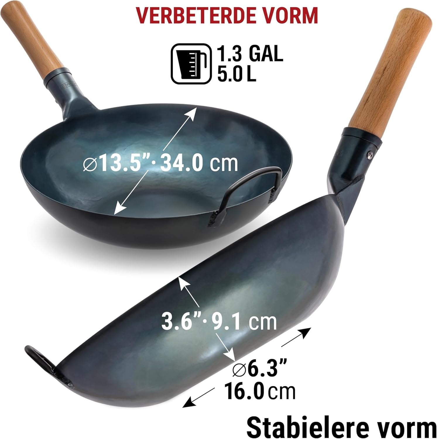 YOSUKATA Koolstofstalen Wokpan en Roerbakpannen 34 cm - Voorbehandelde Wok met Platte Bodem - Wokpan Inductie - Traditionele Chinese Roerbakpan Groot Past bij Gas, Inductie, Elektrisch, Open Vuur