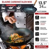 YOSUKATA Koolstofstalen Wokpan en Roerbakpannen 34 cm - Voorbehandelde Wok met Platte Bodem - Wokpan Inductie - Traditionele Chinese Roerbakpan Groot Past bij Gas, Inductie, Elektrisch, Open Vuur